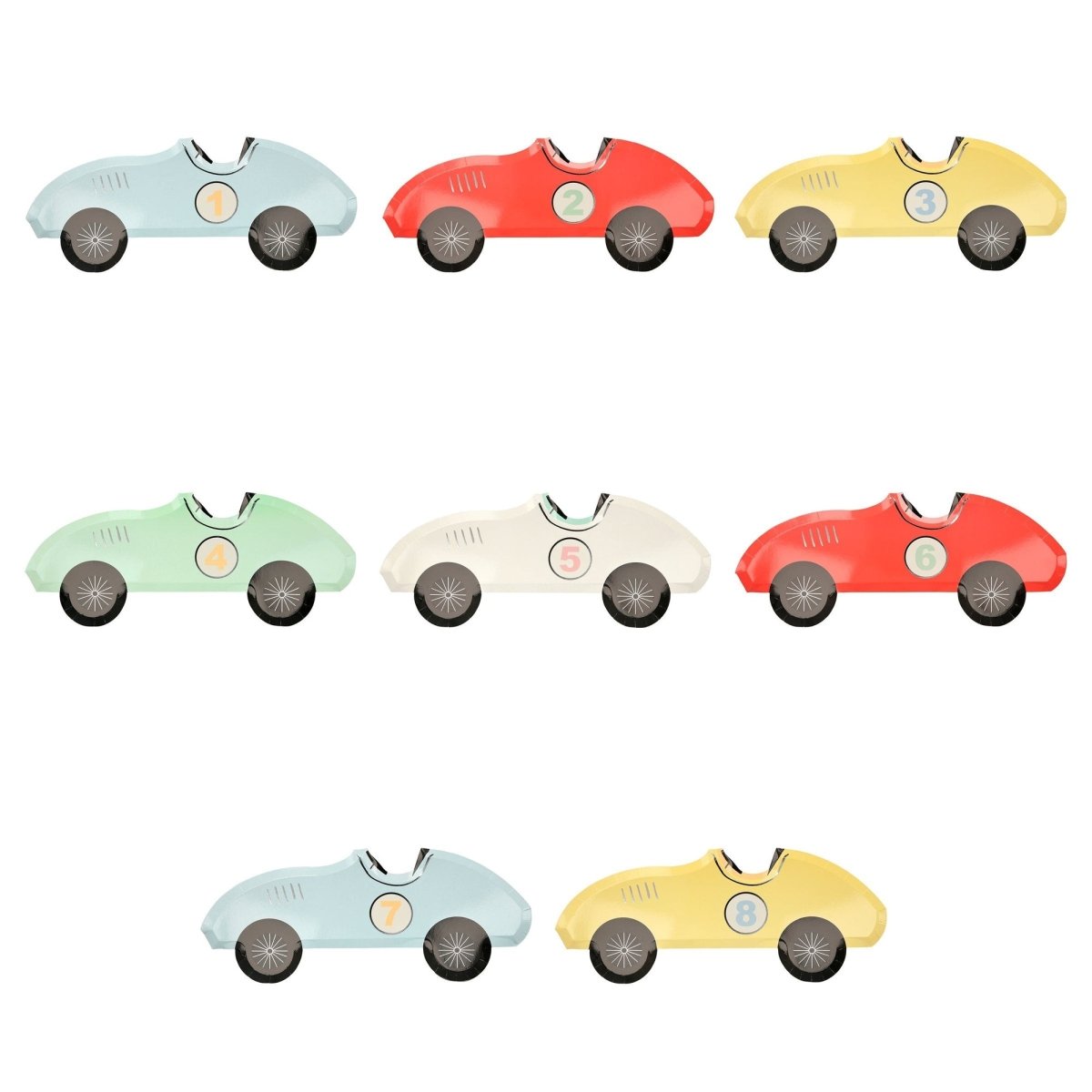 MERI MERI Kids Birthday Race Cars Large Car Shaped Lunch Paper Plates, 15.5 x 6.25 Inches, 8 Count 636997259543