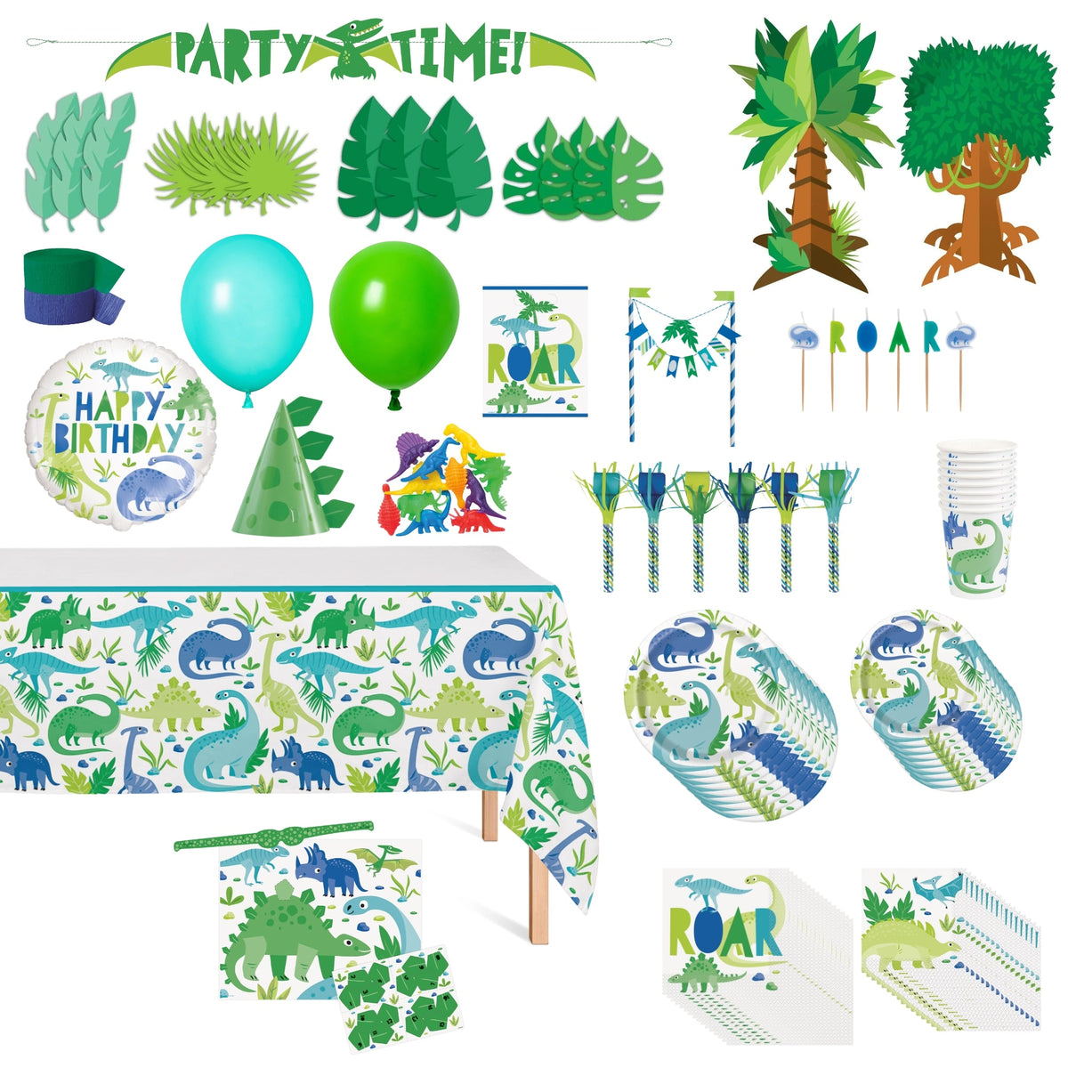 PARTY EXPERT Kids Birthday Blue and Green Dinosaurs Ultimate Birthday Party Supplies Kit, 8 Guests