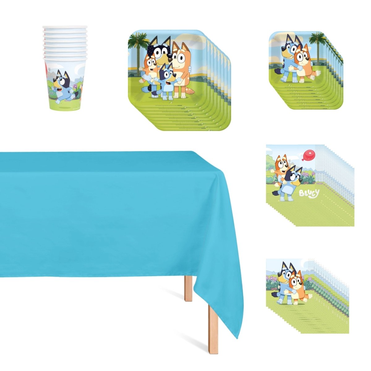 PARTY EXPERT Kids Birthday Bluey Basic Tableware Birthday Party Supplies Kit, Square Plates, 8 Guests
