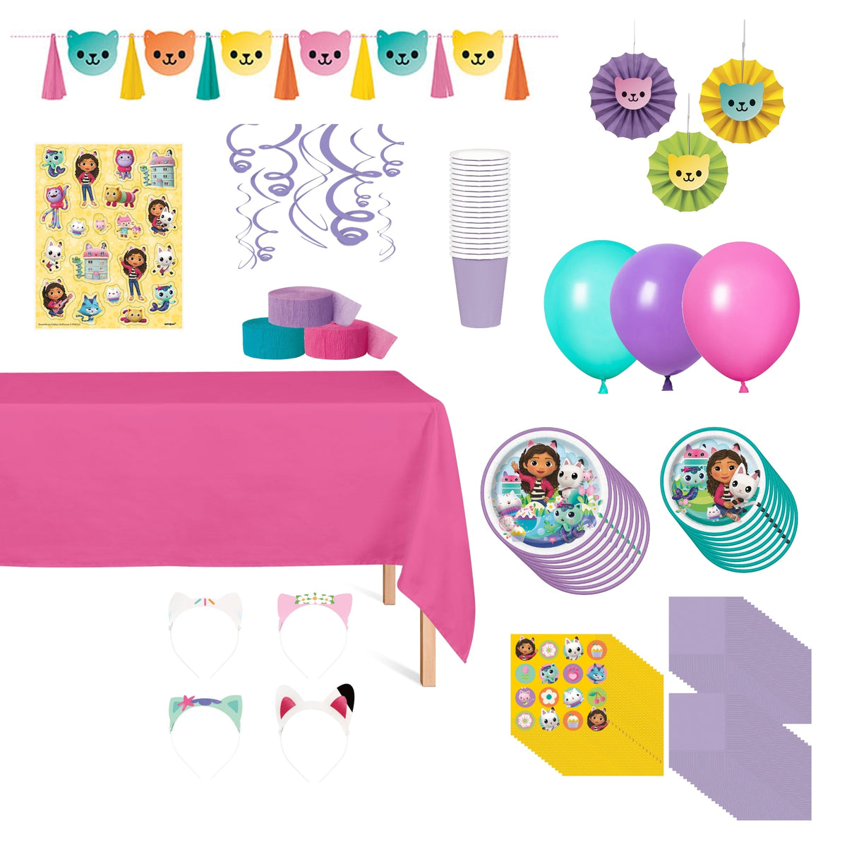 PARTY EXPERT Kids Birthday Gabby's Dollhouse Standard Birthday Party Supplies Kit, 8 Guests