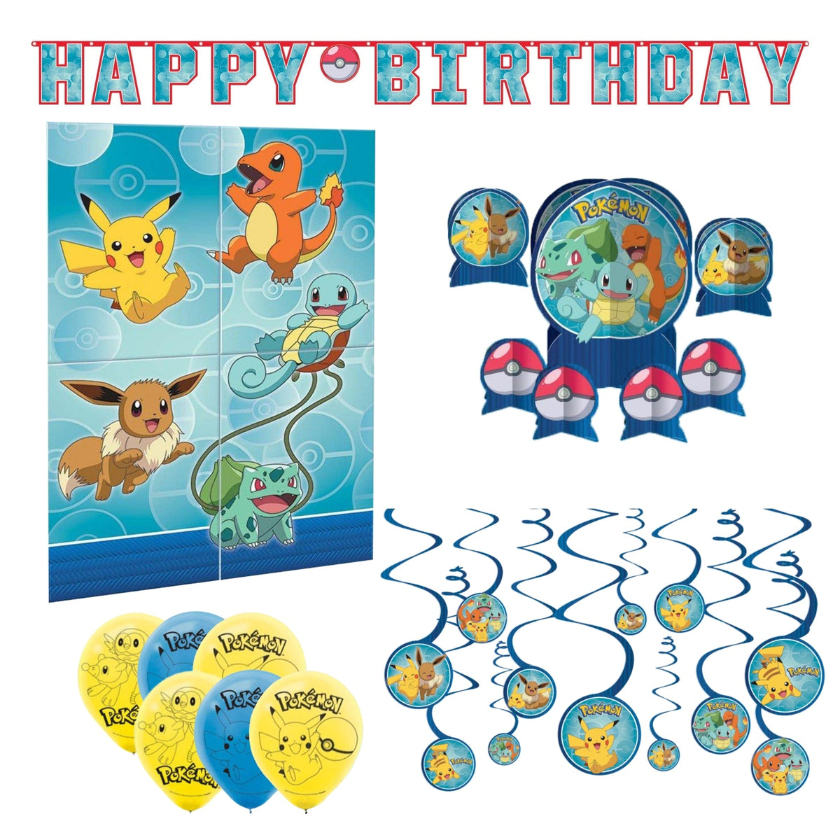 PARTY EXPERT Kids Birthday Pokémon Basic Decoration Party Supplies Kit, 8 Guests