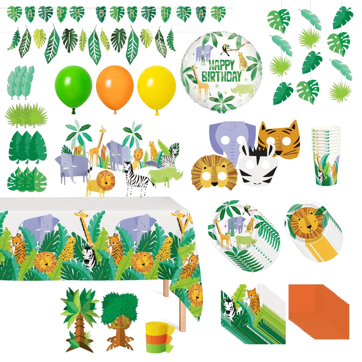 PARTY EXPERT Kids Birthday Safari Animal Standard 1st Birthday Party Supplies Kit, 8 Invités