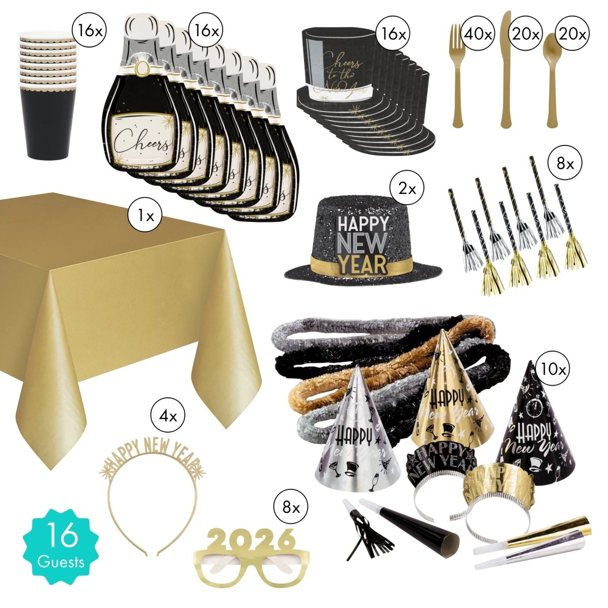 Party Expert New Year Toasting New Year Party Supplies Kit, 16 Guests