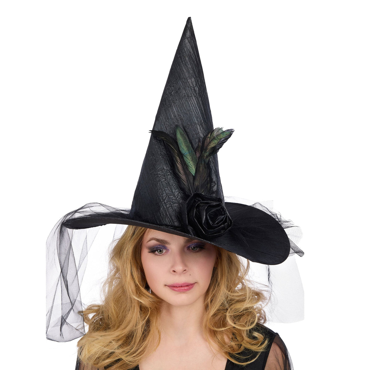 PARTY PLAY LIMITED Costume Accessories Black Witch Hat with Tulle and Feathers for Adults 840482501929
