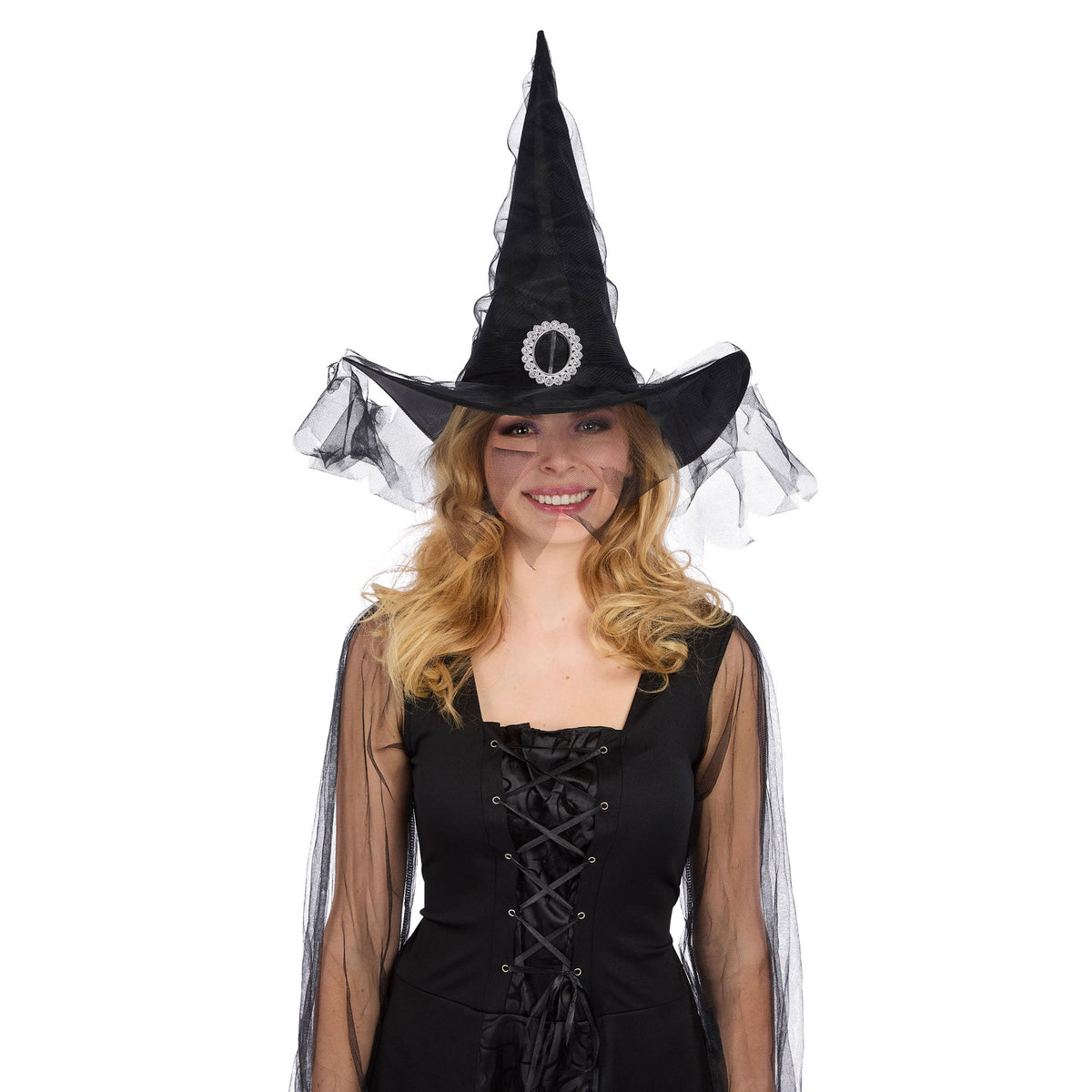 PARTY PLAY LIMITED Costume Accessories Black Witch Hat with Tulle and Jewel for Adults 840482501905