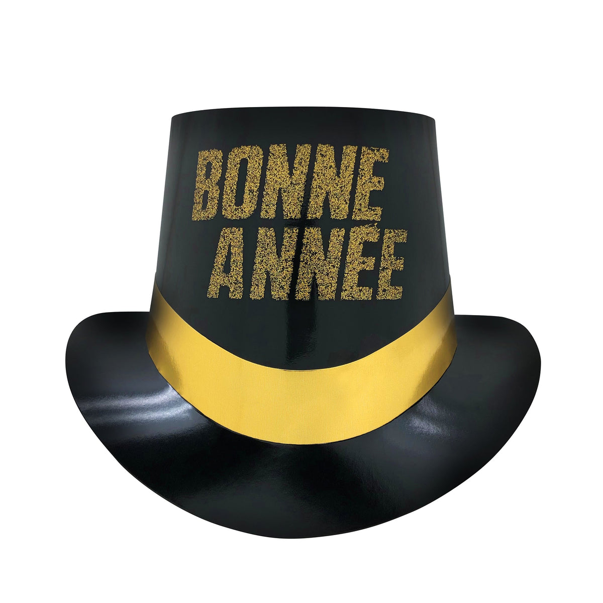 PARTY TIME MFG New Year "Bonne Année" Black Top Hat with Gold Band, 1 Count