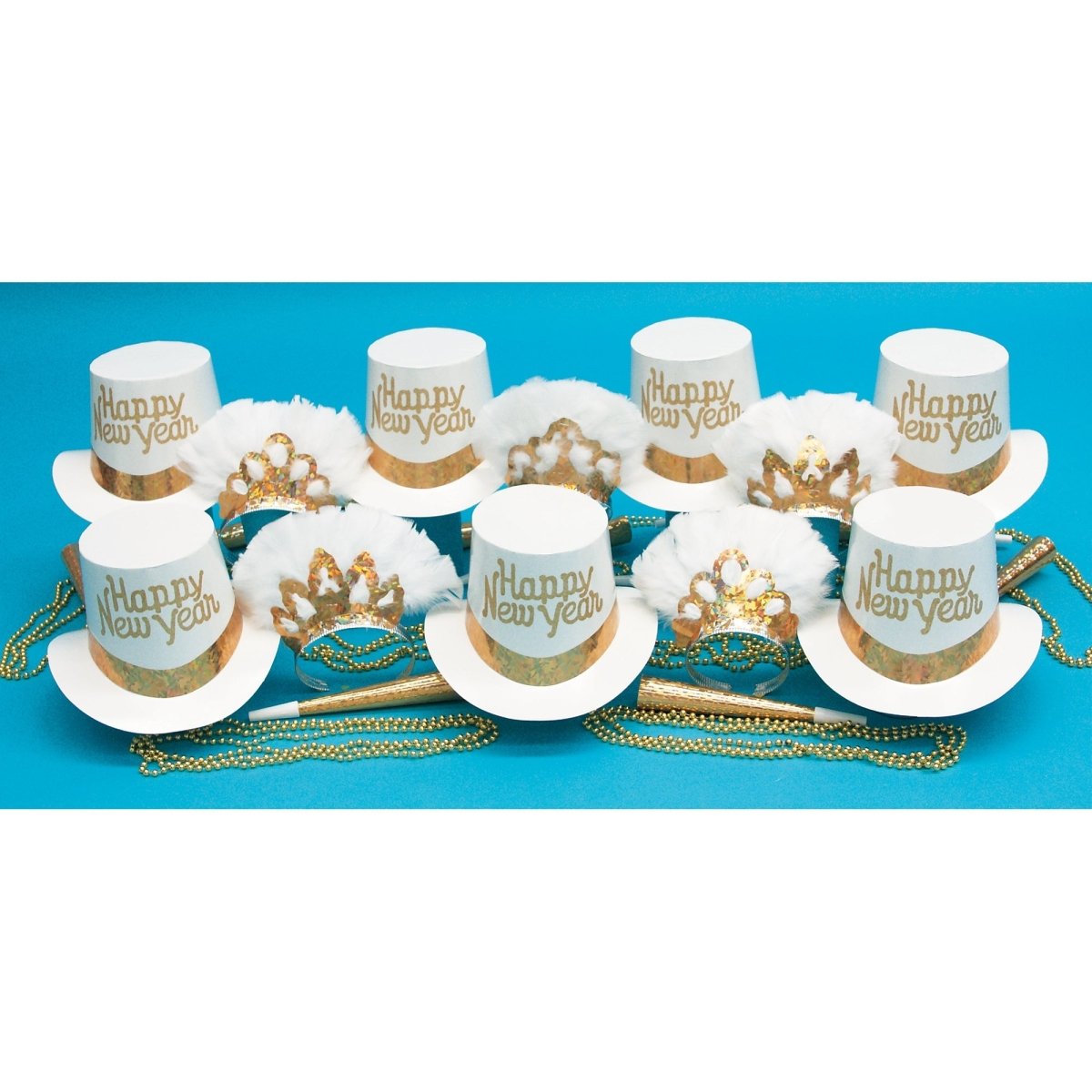 PARTY TIME MFG New Year Gold Showcase Happy New Year Party Kit for 50 People, 125 Count 010372342509