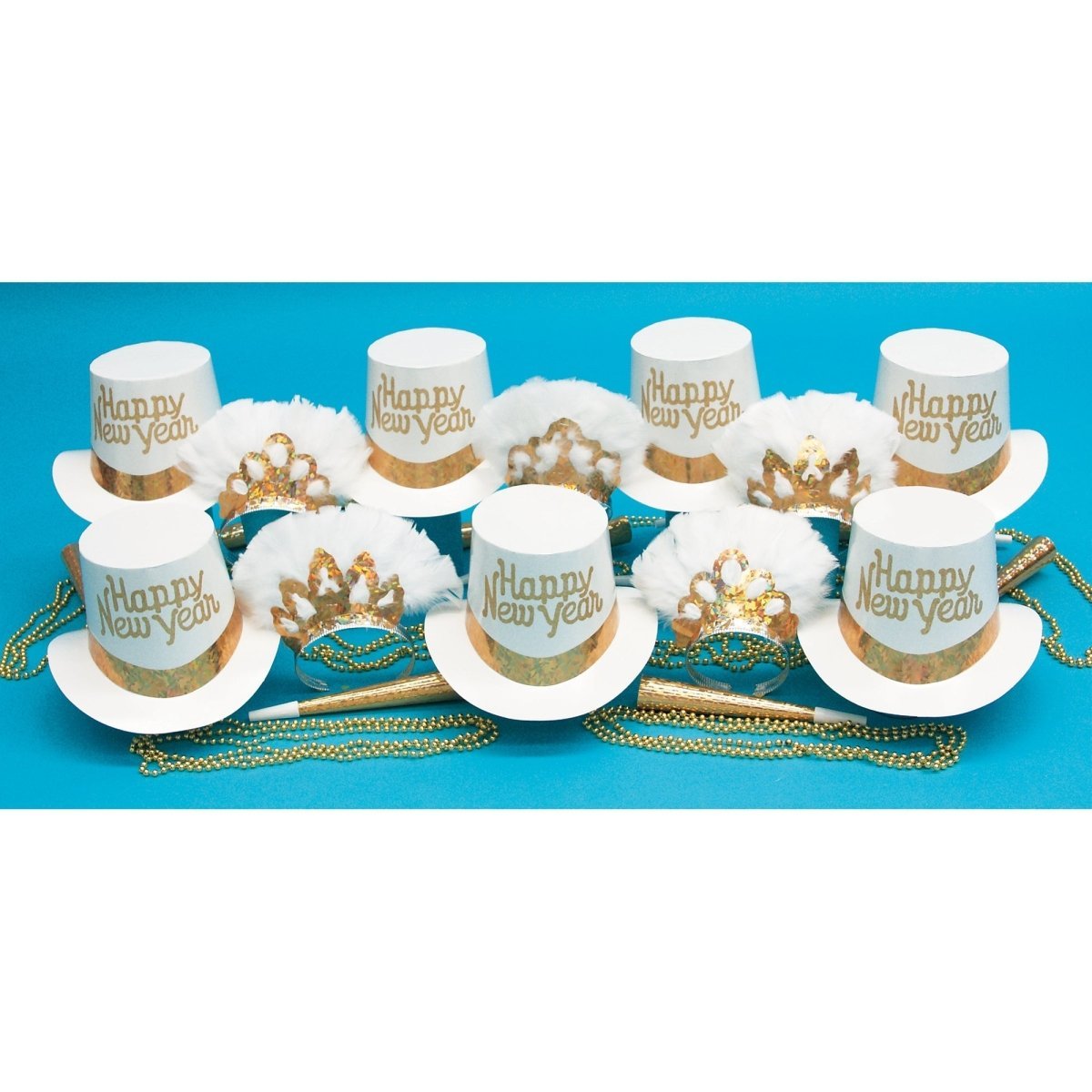 PARTY TIME MFG New Year Gold Showcase Happy New Year Party Kit for 50 People, 125 Count 010372342509