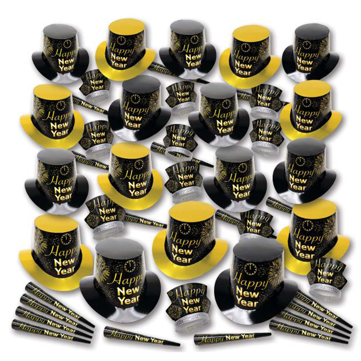 PARTY TIME MFG New Year Happy New Year Gold Fireburst Party Kit for 100 People, 1 Count 010372816000