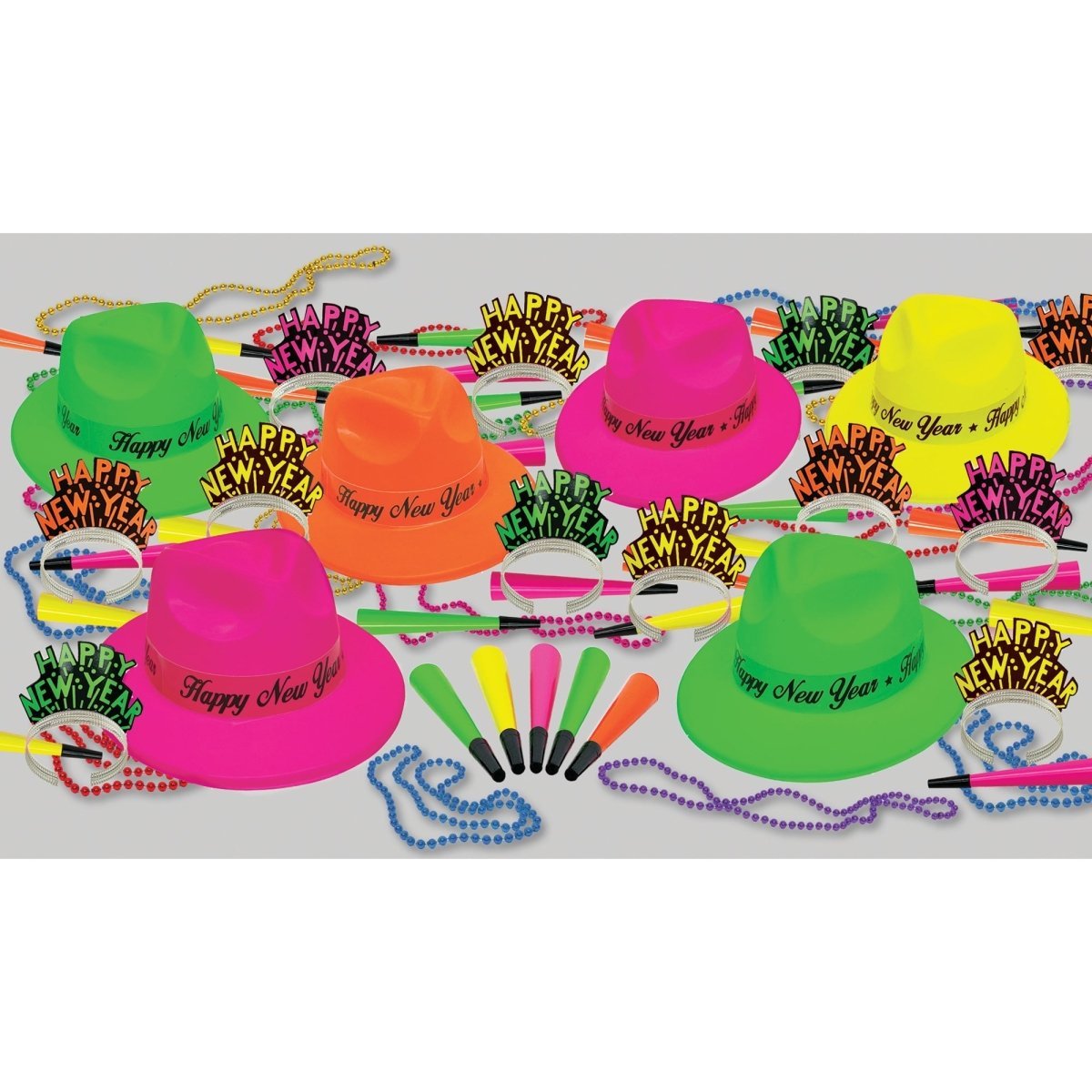 PARTY TIME MFG New Year Neon Happy New Year Party Kit for 50 People, 125 Count 010372453502