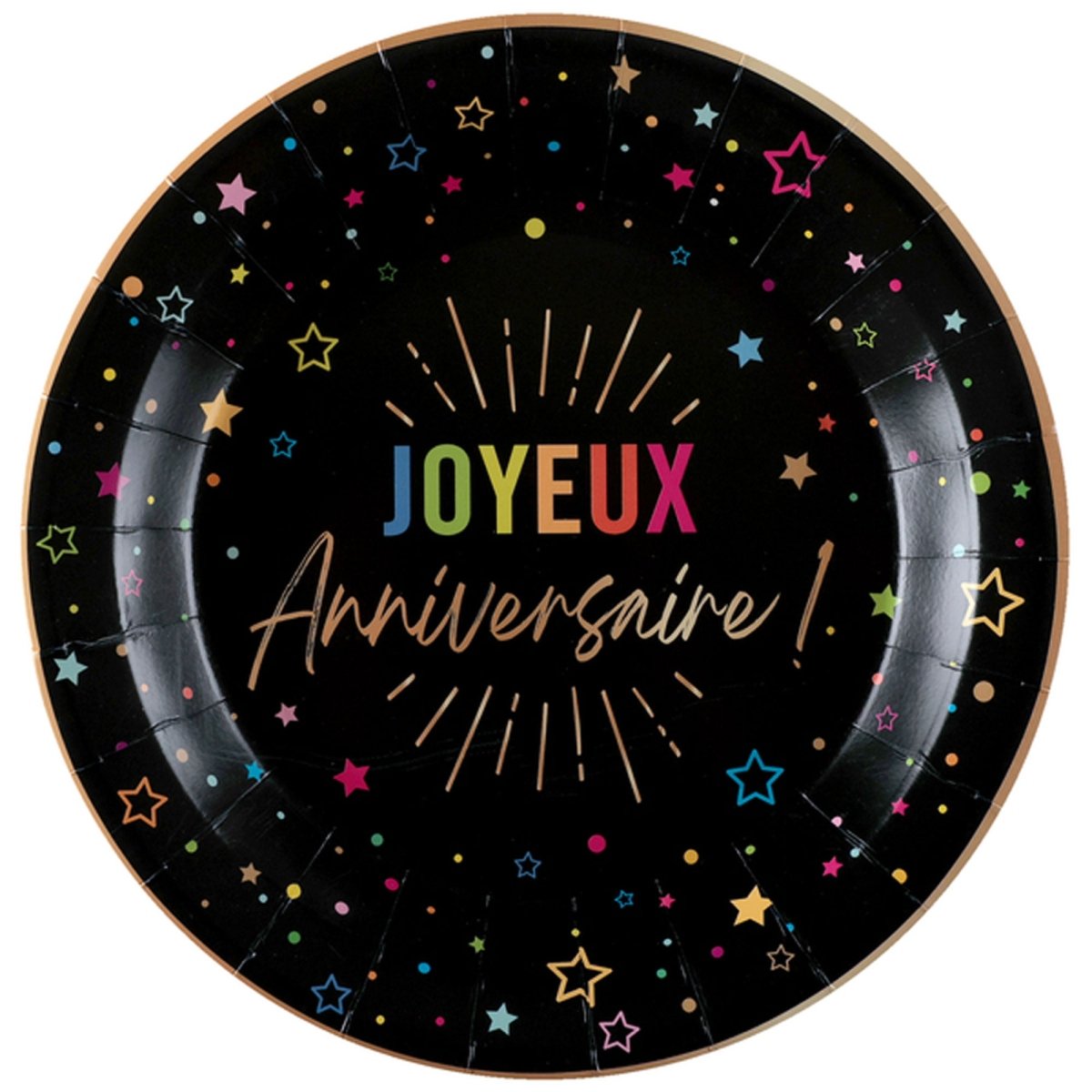 SANTEX General Birthday Black "Joyeux Anniversaire" Round Lunch Paper Plates, 9 Inches, 6 Count 3660380113973