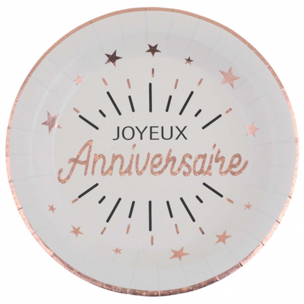 SANTEX General Birthday "Joyeux Anniversaire" Birthday Large Lunch Paper Plates, White and Rose Gold, 9 Inches, 10 Count 3660380076131