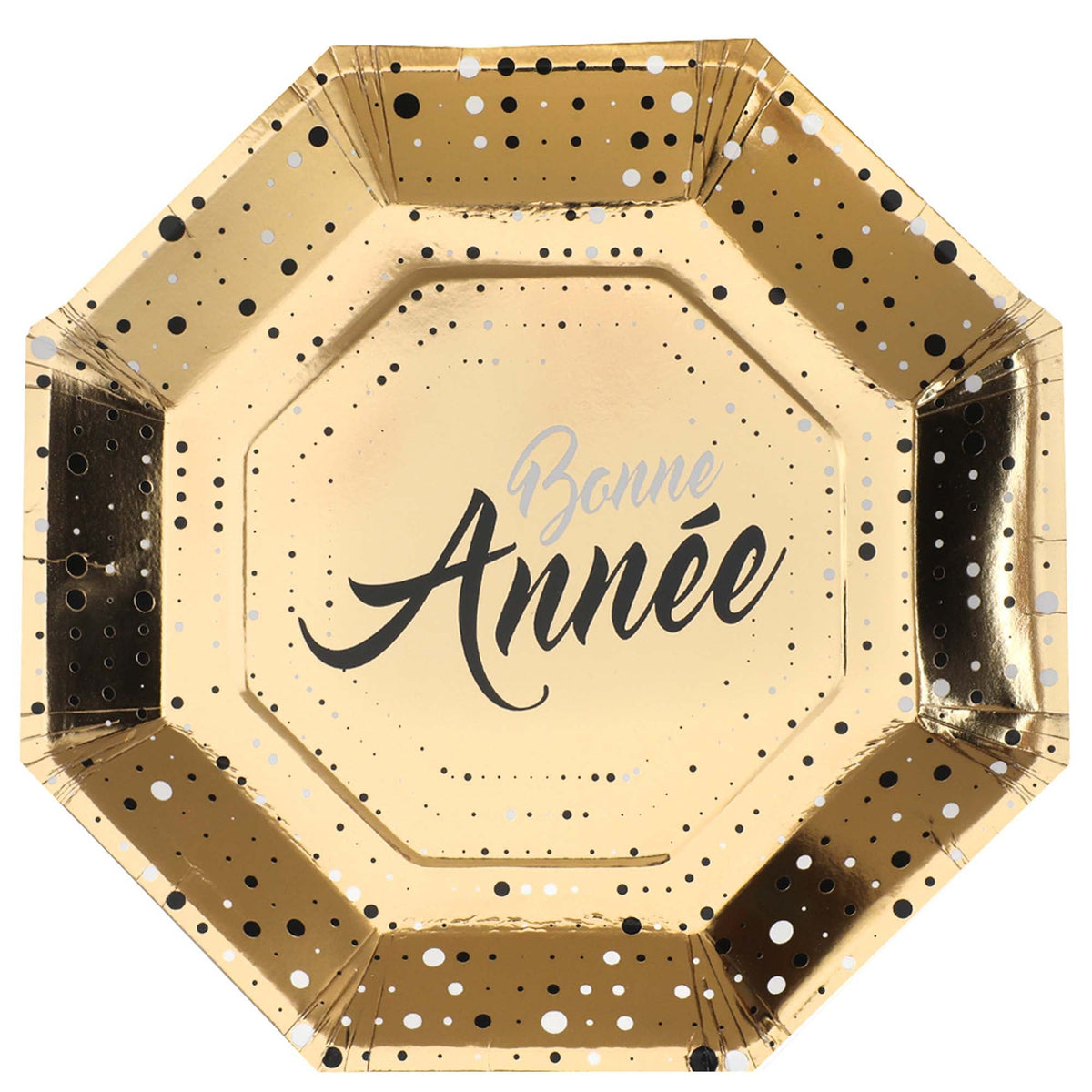 SANTEX New Year "Bonne Année" Large Octagon Shaped Lunch Paper Plates, Gold and Black, 9 Inches, 10 Count