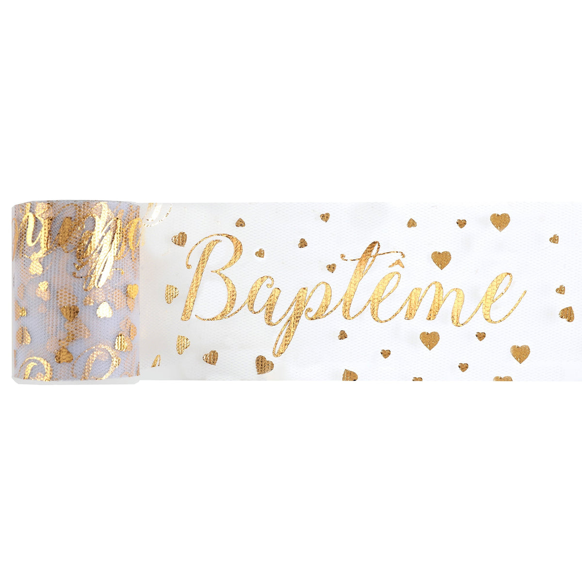 SANTEX Religious Baptism "Baptême"  Tulle Ribbon, White and Gold, 393 Inches, 1 Count 3660380079941