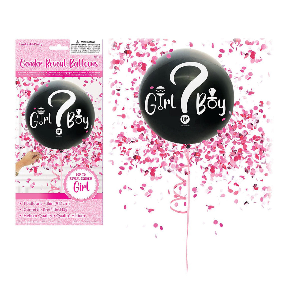 SIU & SONS INT'L TRADING Baby Shower Gender Reveal Latex Balloon with Pink Confetti, 36 Inches, 1 Count 10801362400166