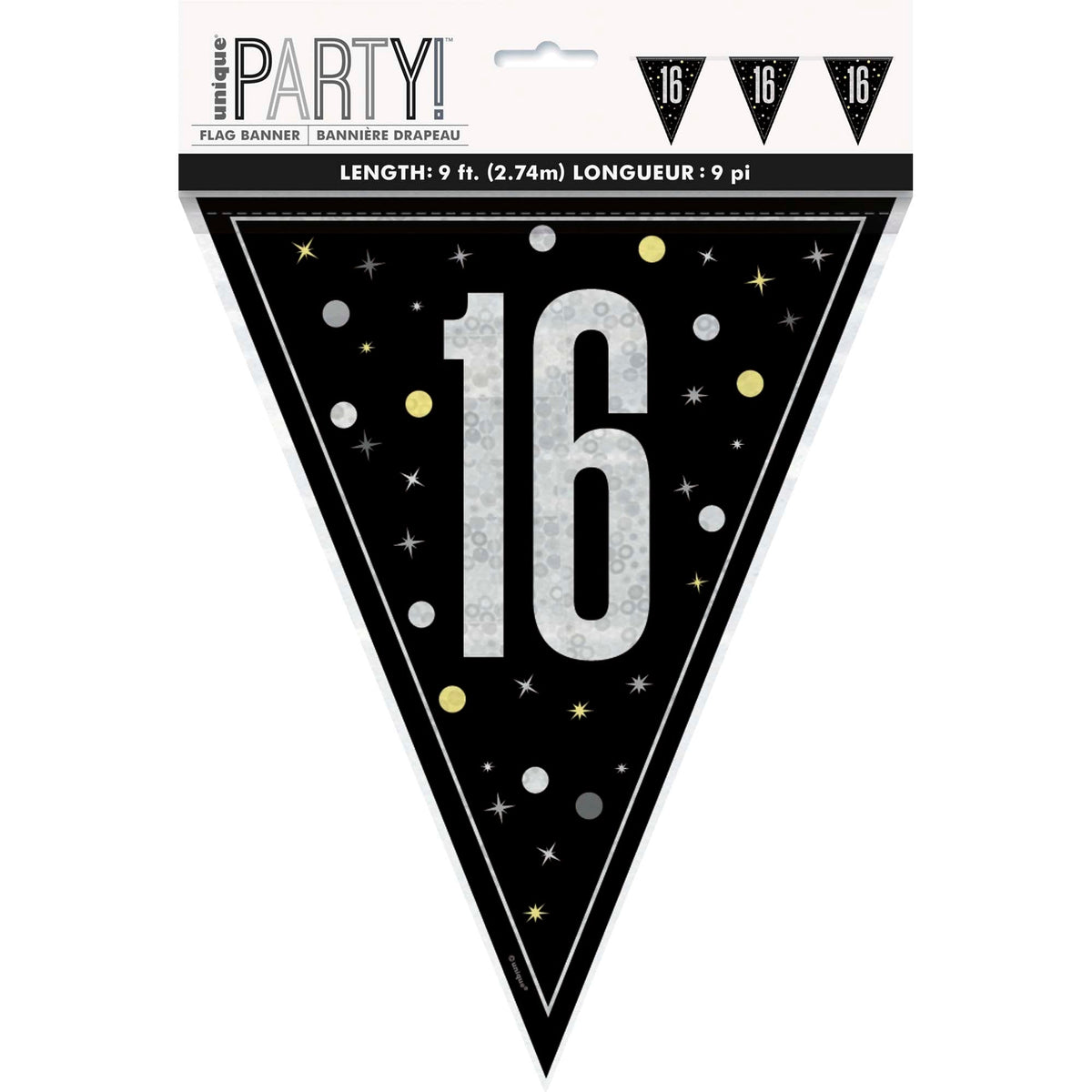 UNIQUE PARTY FAVORS Age Specific Birthday Bonne Fête Black/Silver - Pennant Banner - 16 011179834235