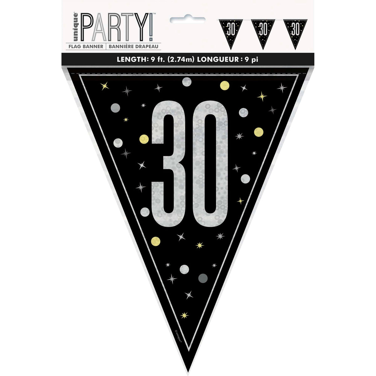 UNIQUE PARTY FAVORS Age Specific Birthday Bonne Fête Black/Silver - Pennant Banner - 30 011179834266