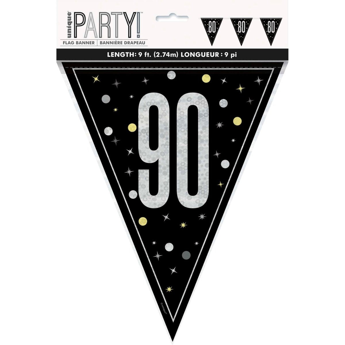 UNIQUE PARTY FAVORS Age Specific Birthday Bonne Fête Black/Silver - Pennant Banner - 90 011179834327