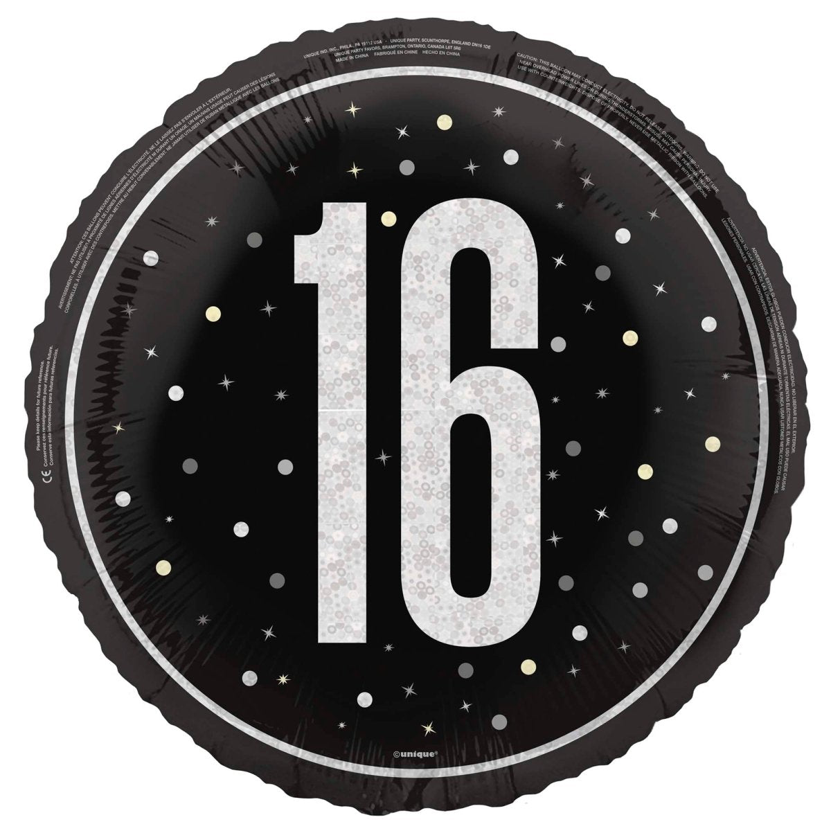 UNIQUE PARTY FAVORS Balloons Black and Silver 16th Happy Birthday Foil Balloon, 18 Inches, 1 Count