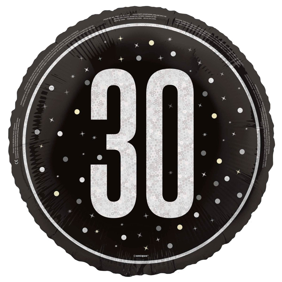 UNIQUE PARTY FAVORS Balloons Black and Silver 30th Happy Birthday Foil Balloon, 18 Inches, 1 Count