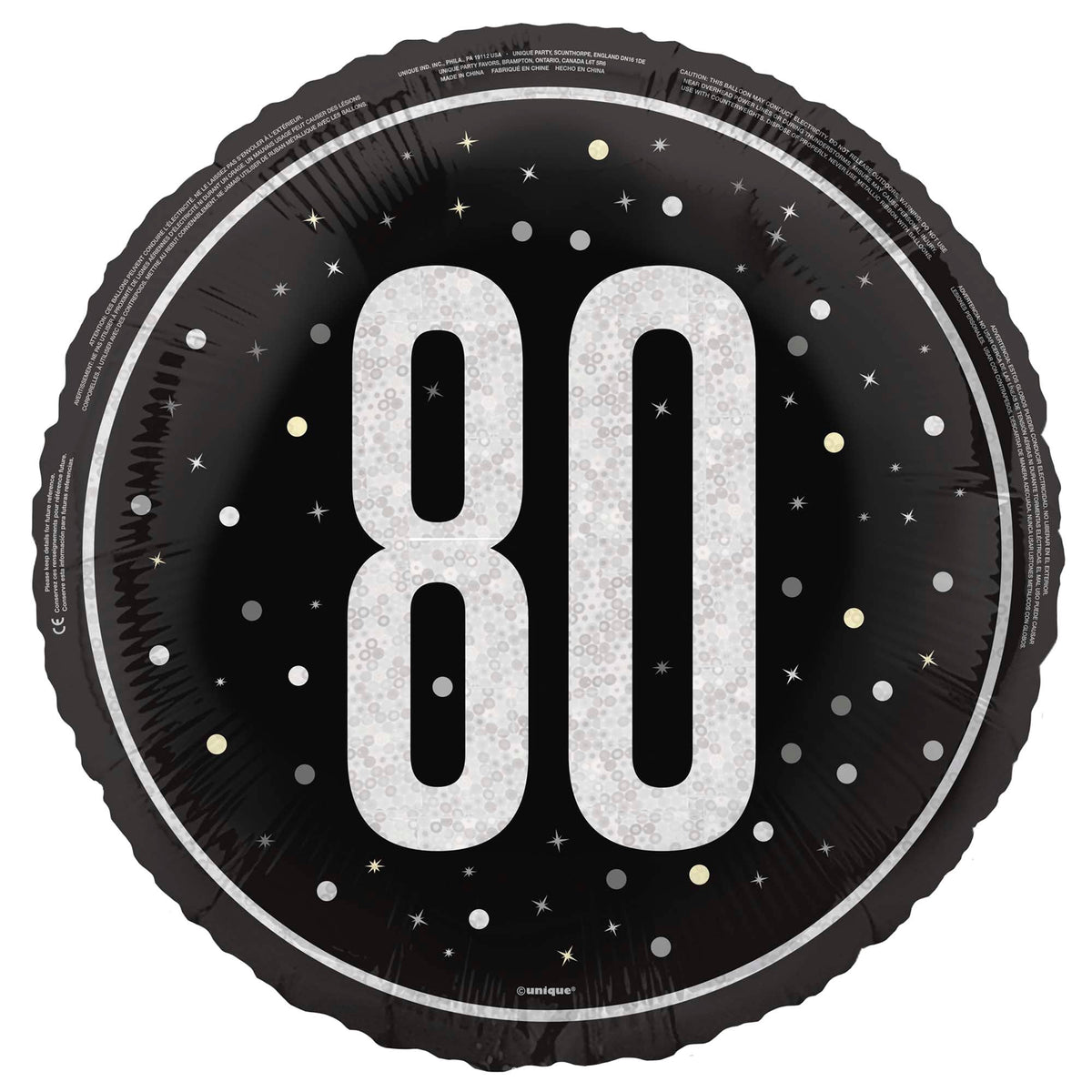 UNIQUE PARTY FAVORS Balloons Black and Silver 80th Happy Birthday Foil Balloon, 18 Inches, 1 Count 011179873906