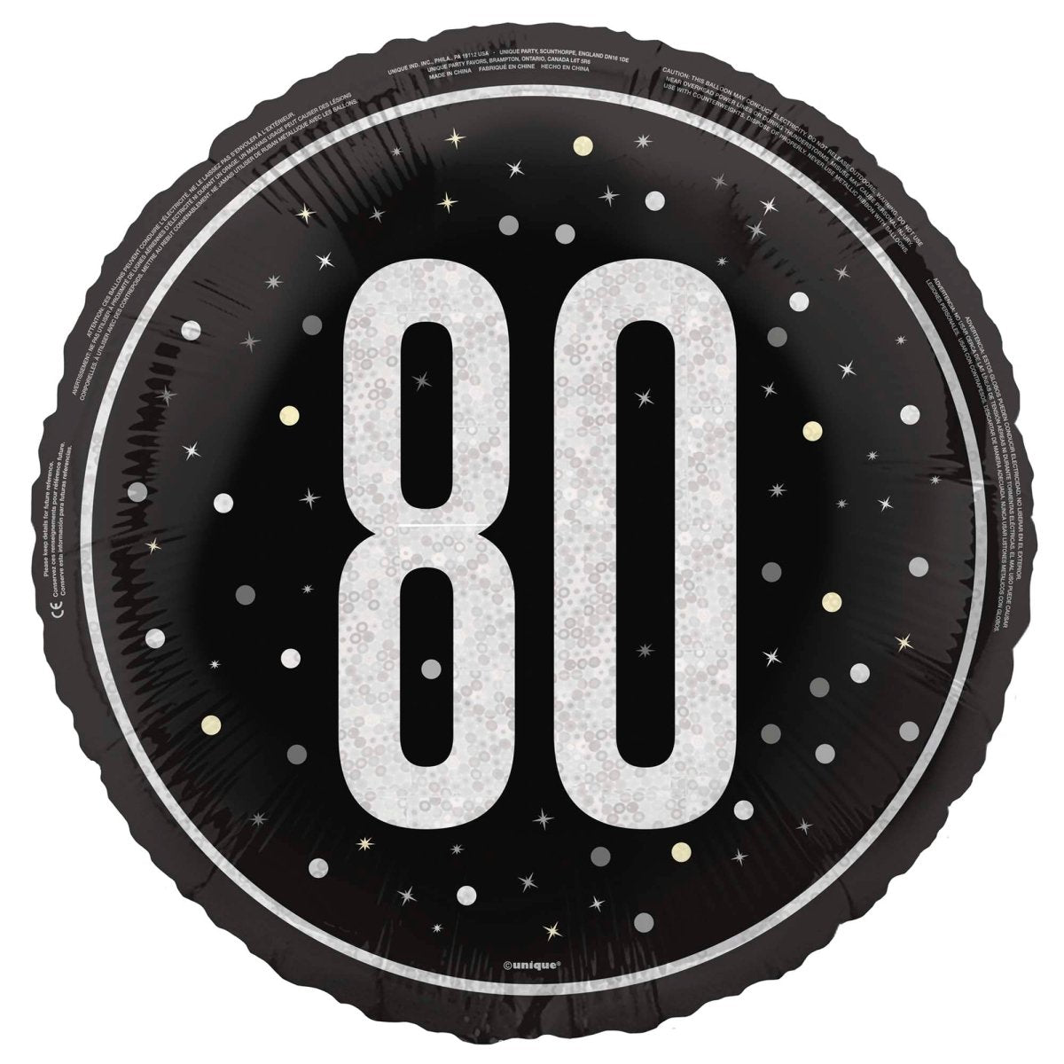 UNIQUE PARTY FAVORS Balloons Black and Silver 80th Happy Birthday Foil Balloon, 18 Inches, 1 Count 011179873906