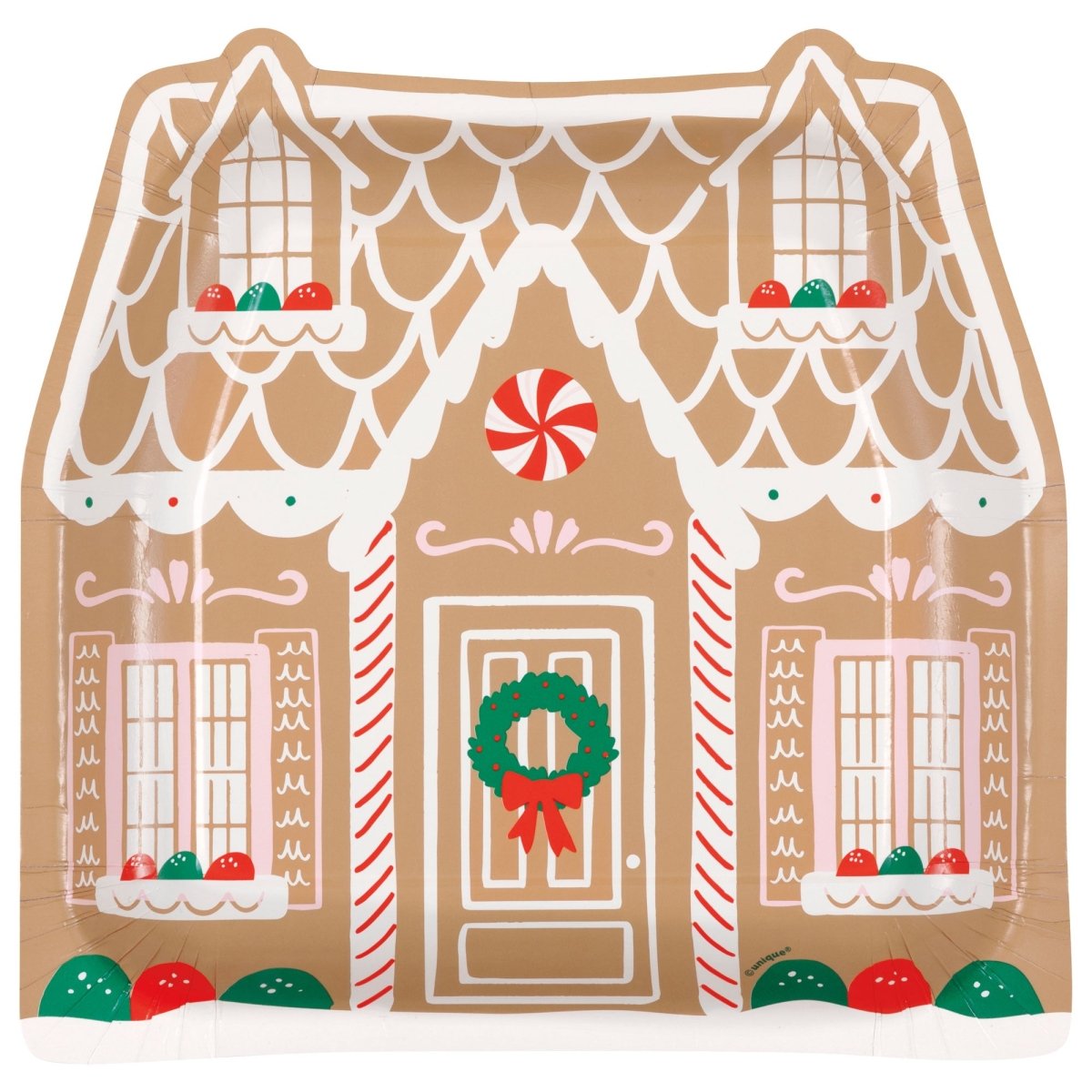UNIQUE PARTY FAVORS Christmas Gingerbread Xmas House Shaped Large Lunch Paper Plates, 8 Inches, 8 Count 011179323135