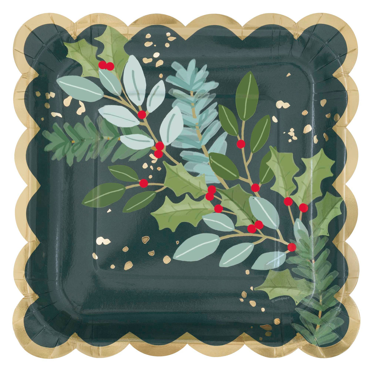 UNIQUE PARTY FAVORS Christmas Holly Days Christmas Large Square Lunch Paper Plates, 9 Inches, 8 Count