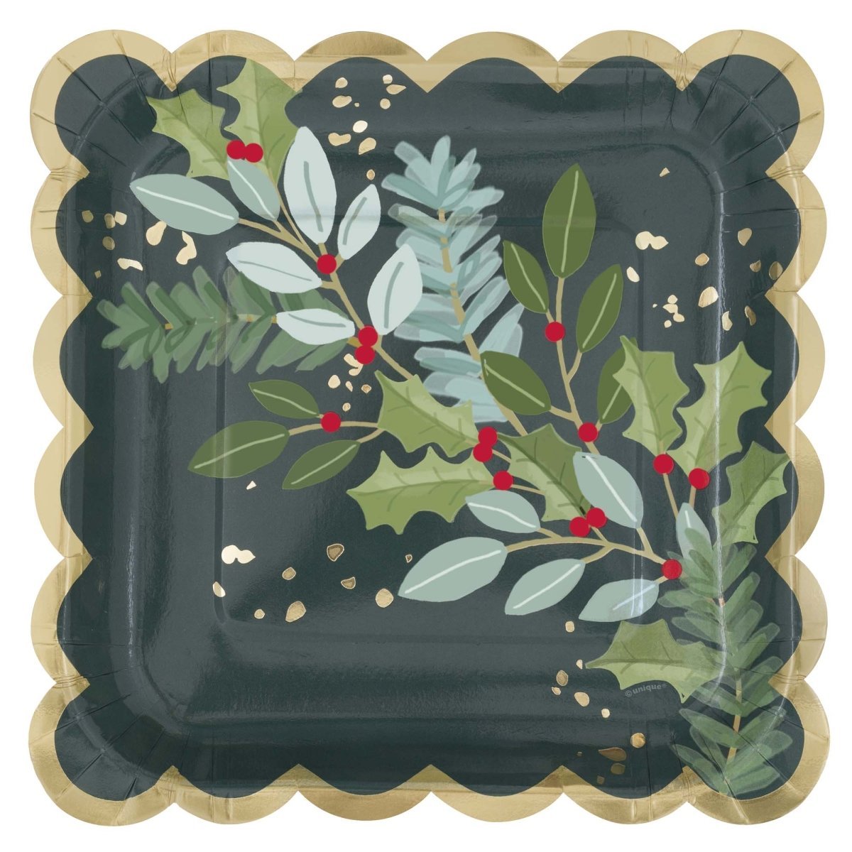 UNIQUE PARTY FAVORS Christmas Holly Days Christmas Large Square Lunch Paper Plates, 9 Inches, 8 Count