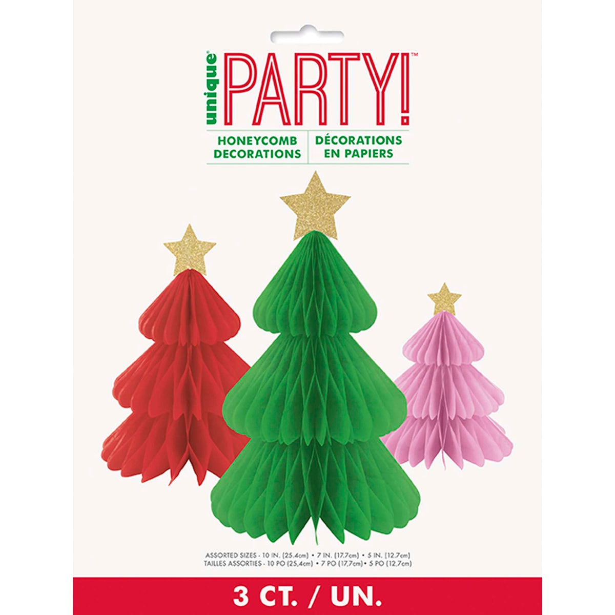 UNIQUE PARTY FAVORS Christmas Vibrant Christmas Trees Honeycomb Decorations, Green, Red, Pink, 1 Count