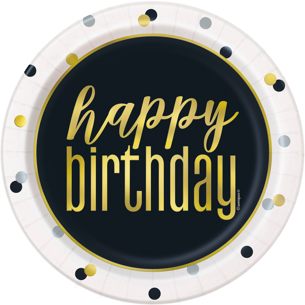 UNIQUE PARTY FAVORS General Birthday Metallic Happy Birthday Small Round Dessert Paper Plates, 7 Inches, 8 Count 011179731848
