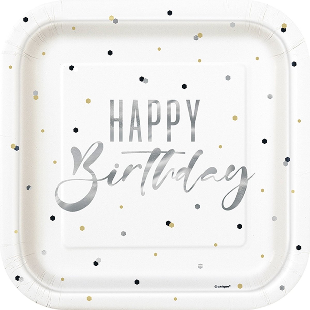 UNIQUE PARTY FAVORS General Birthday Silver and Gold Happy Birthday Large Square Lunch Paper Plates, 9 Inches, 8 Count 011179408153
