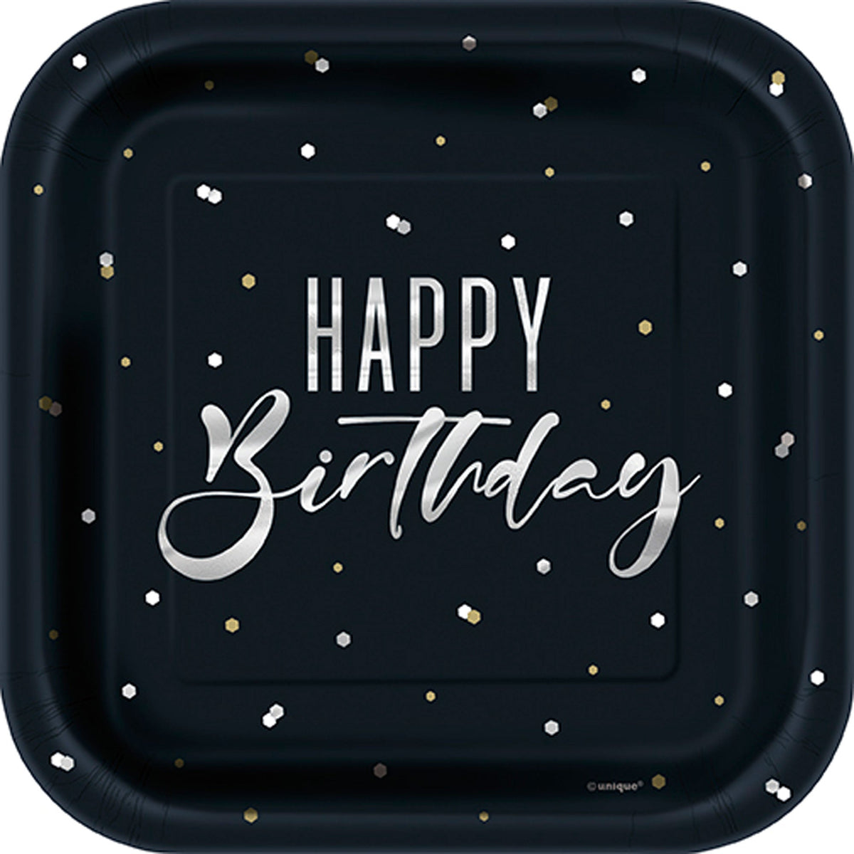 UNIQUE PARTY FAVORS General Birthday Silver and Gold Happy Birthday Small Square Dessert Paper Plates, 7 Inches, 8 Count 011179408146