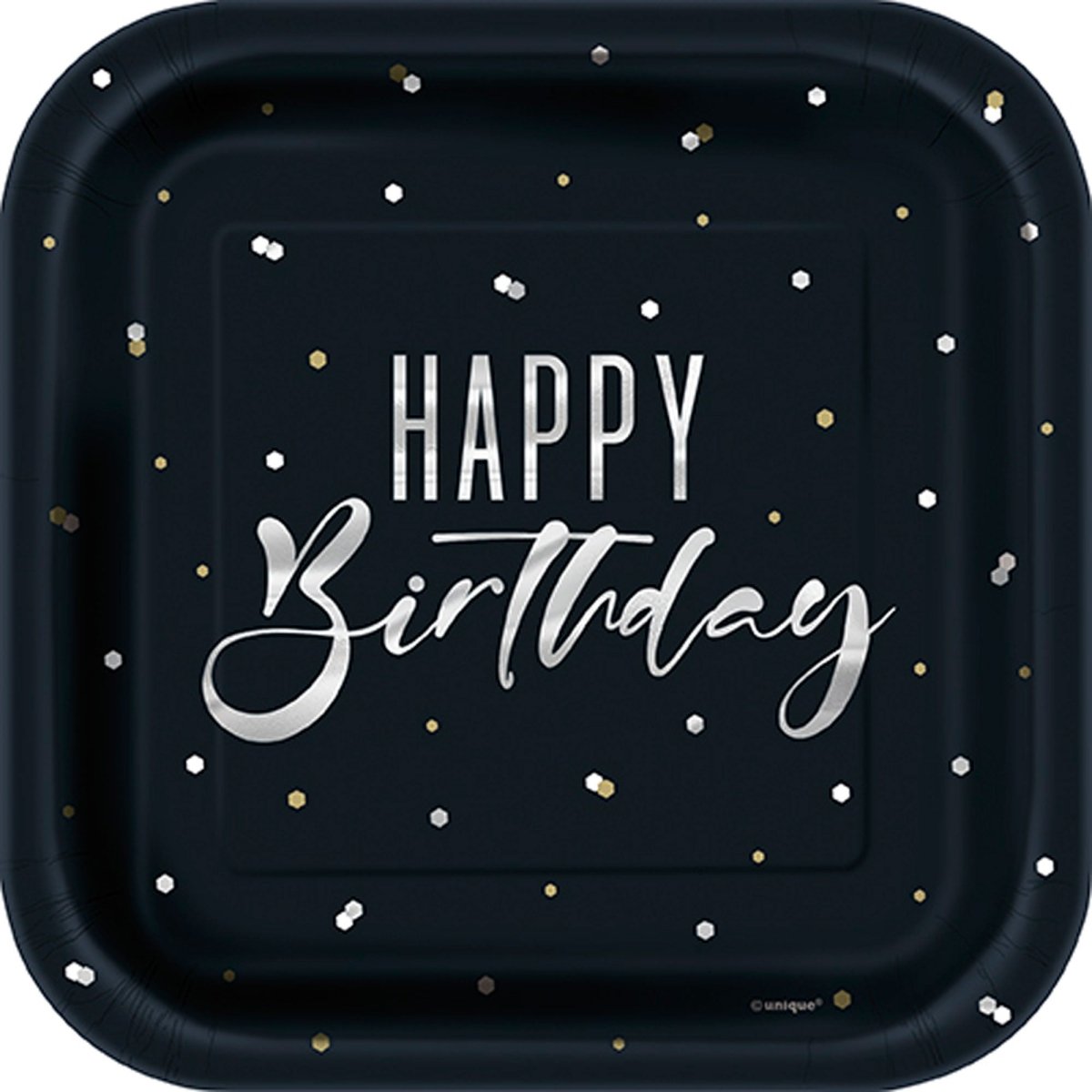 UNIQUE PARTY FAVORS General Birthday Silver and Gold Happy Birthday Small Square Dessert Paper Plates, 7 Inches, 8 Count 011179408146