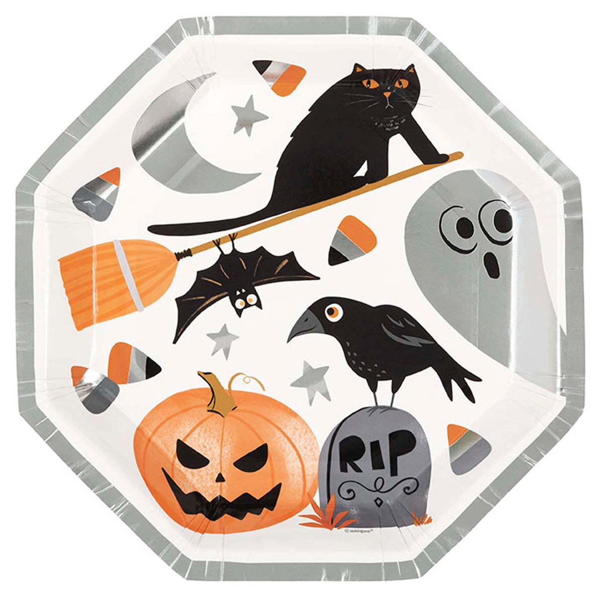 UNIQUE PARTY FAVORS Halloween Bats and Boos Large Octagon Shape Lunch Paper Plates, 9 Inches, 8 Count