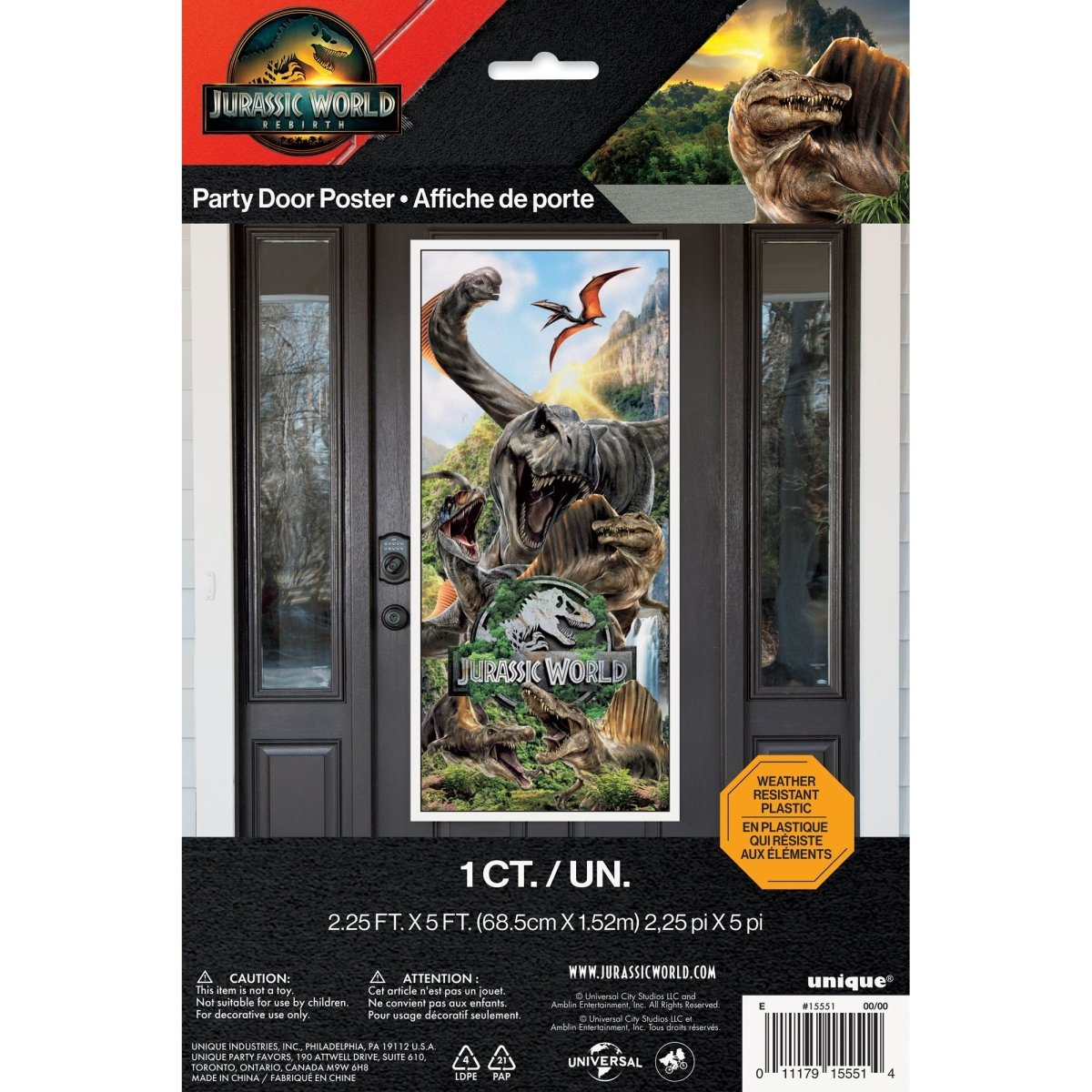 UNIQUE PARTY FAVORS Kids Birthday Jurassic World Birthday Door Poster, 27 x 60 Inches, 1 Count 011179155514