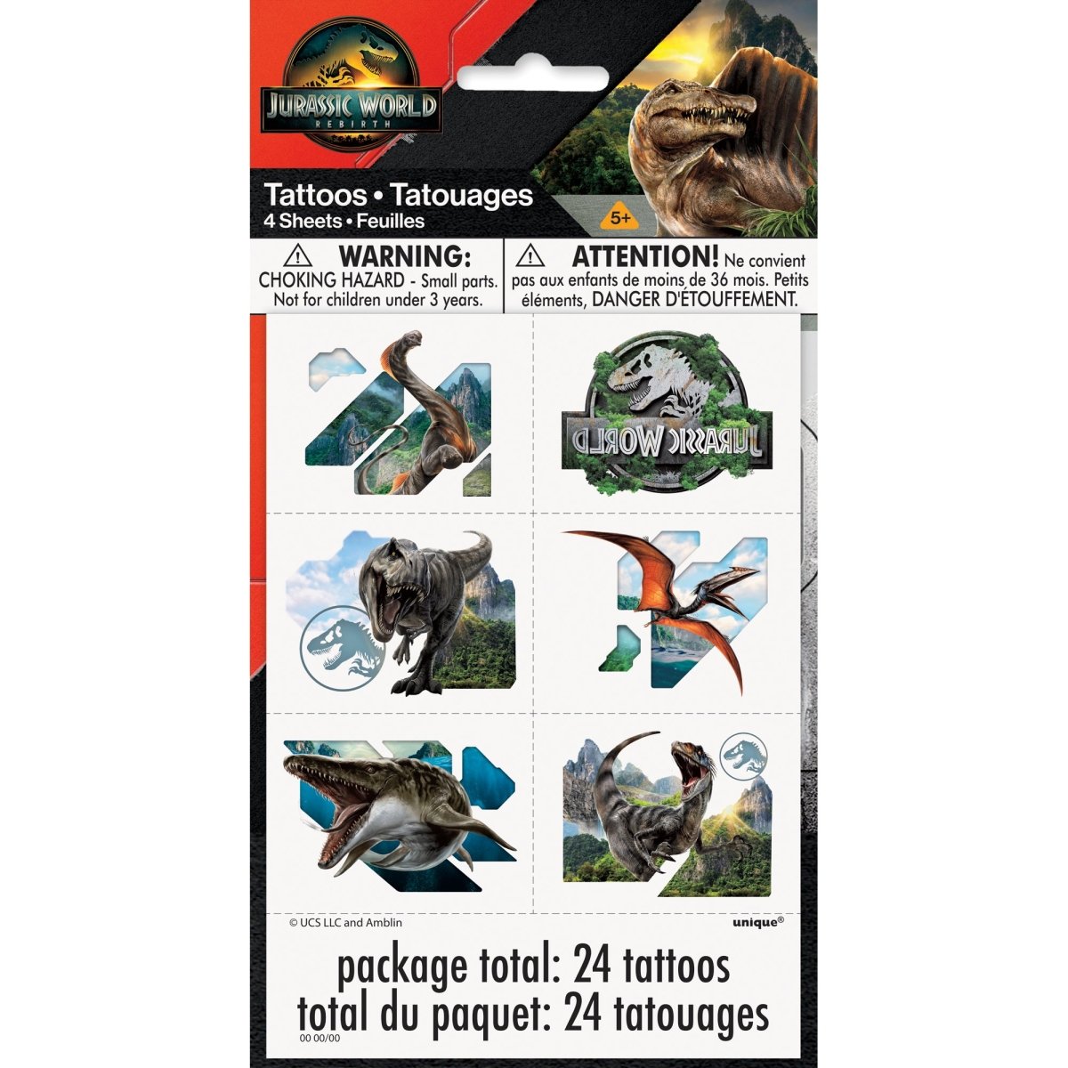 UNIQUE PARTY FAVORS Kids Birthday Jurassic World Birthday Temporary Tattoos, 4 Sheets, 24 Count 011179154647