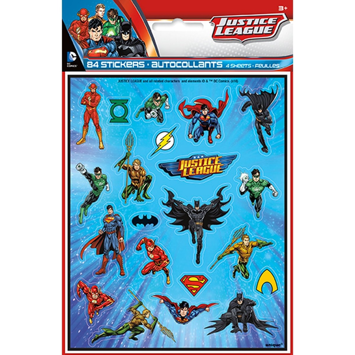 UNIQUE PARTY FAVORS Kids Birthday Justice League Stickers, 4 Sheets, 84 Count 011179499694