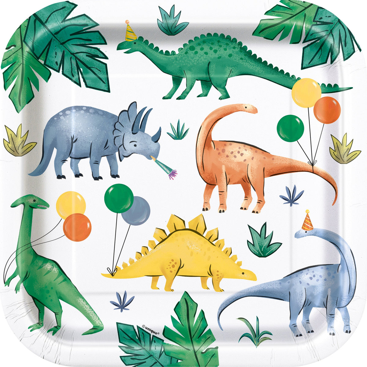 UNIQUE PARTY FAVORS Kids Birthday Partying Dinosaurs Birthday Large Square Lunch Paper Plates, 9 Inches, 8 Count 011179135455