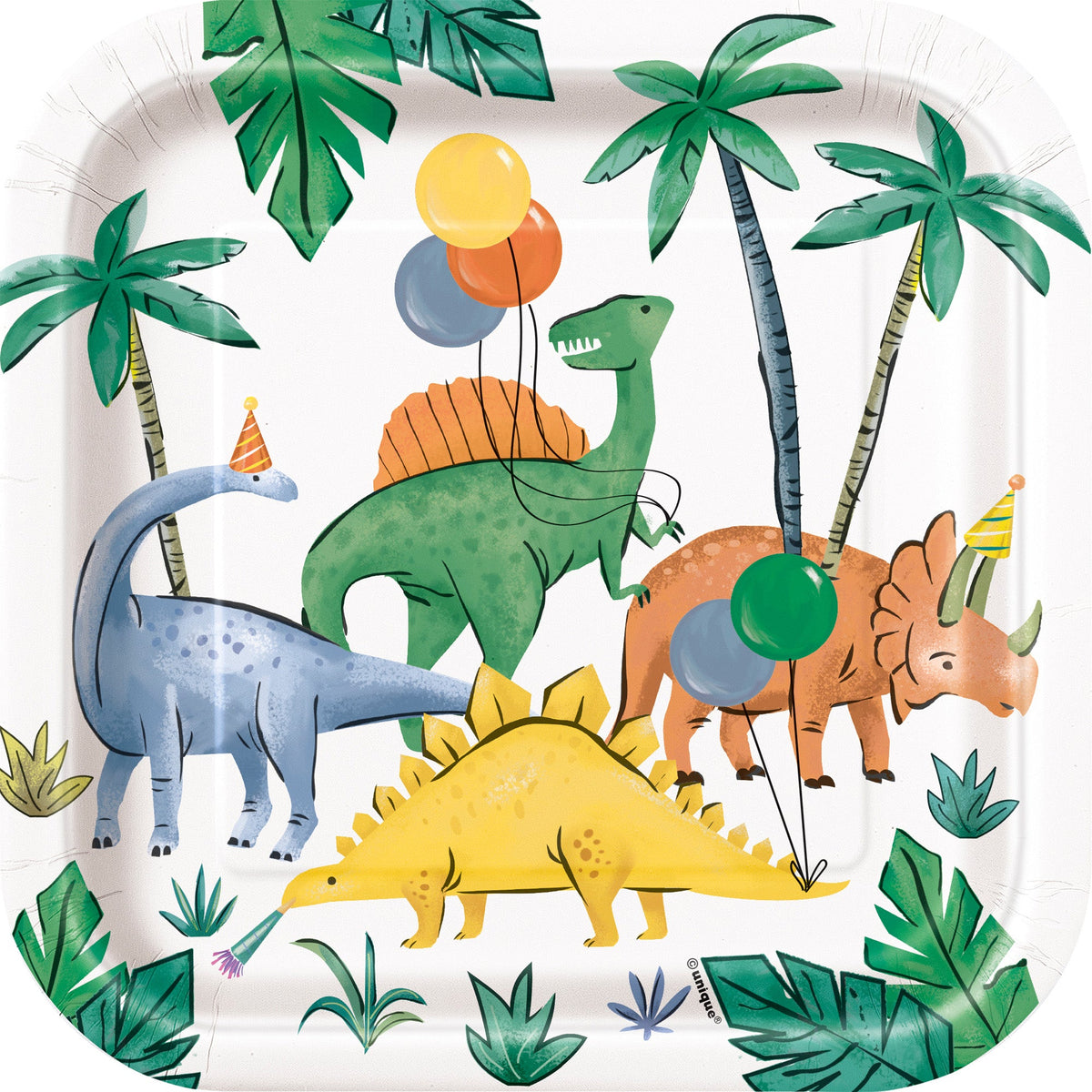 UNIQUE PARTY FAVORS Kids Birthday Partying Dinosaurs Birthday Small Square Dessert Paper Plates, 7 Inches, 8 Count 011179135448