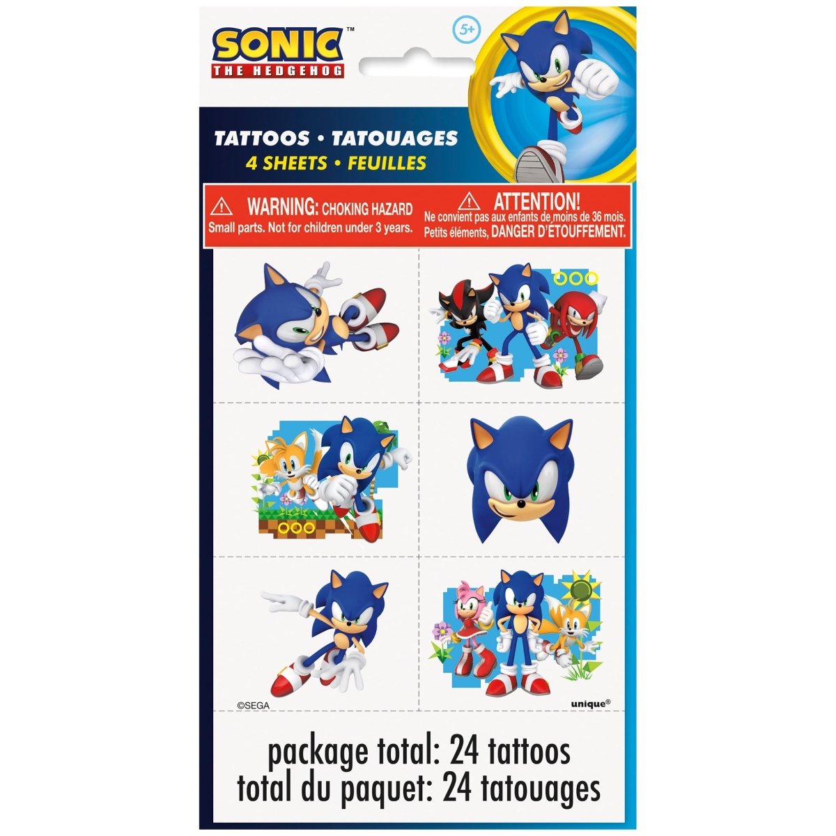 UNIQUE PARTY FAVORS Kids Birthday Sonic the Hedgehog Tattoo Sheets, 4 Sheets, 24 Count 011179218660