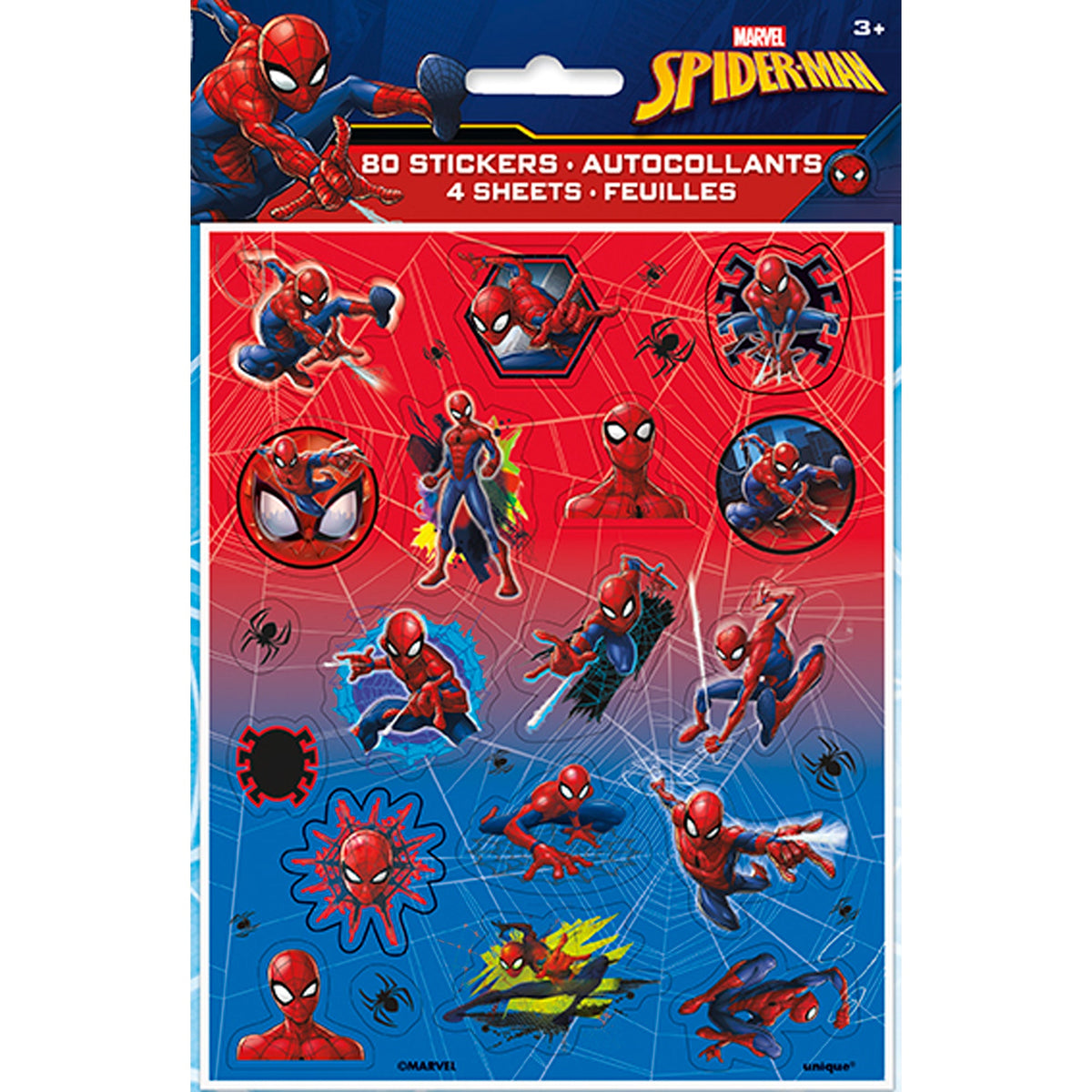 UNIQUE PARTY FAVORS Kids Birthday Spider-Man Birthday Sticker Sheets, Marvel, 4 Count 011179592418