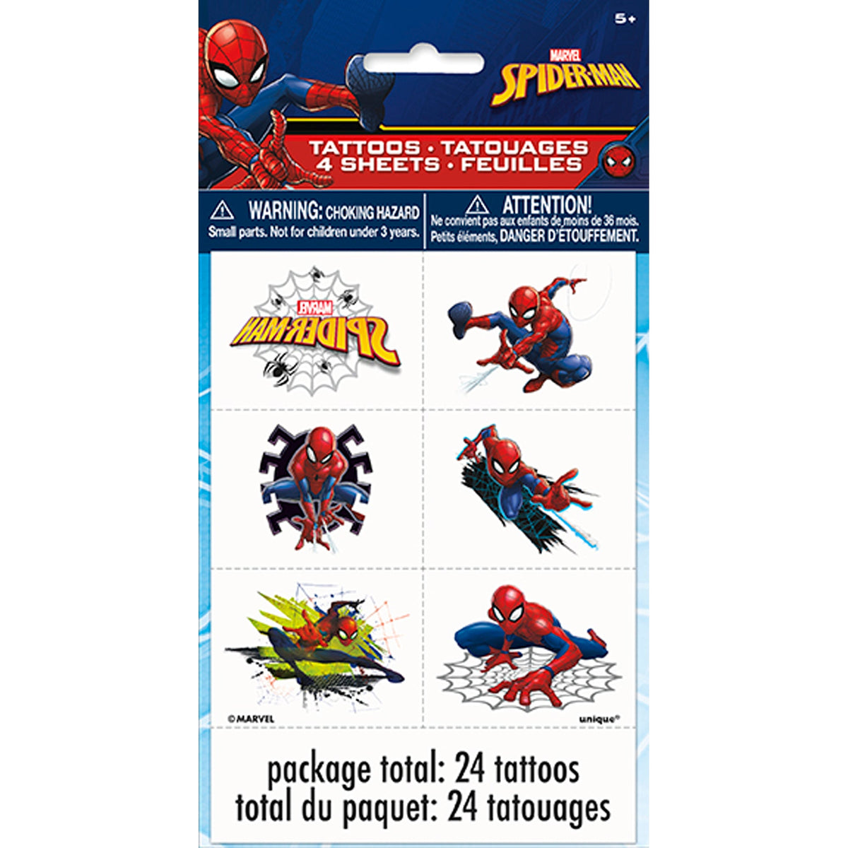 UNIQUE PARTY FAVORS Kids Birthday Spider-Man Birthday Temporary Tattoo Sheets, Marvel, 4 Count 011179592401