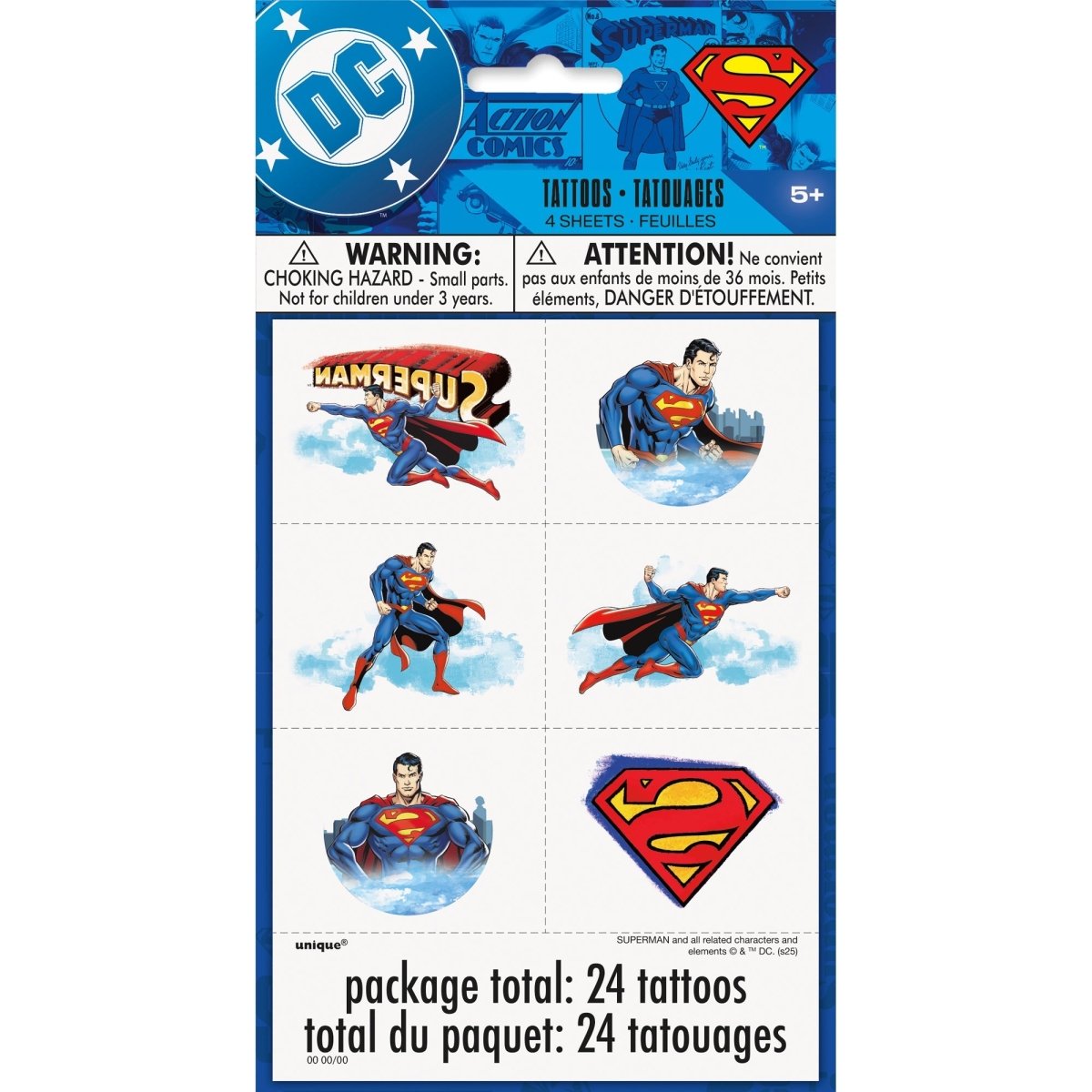 UNIQUE PARTY FAVORS Kids Birthday Superman Birthday Temporary Tattoos, 4 Sheets, 24 Count 011179157105