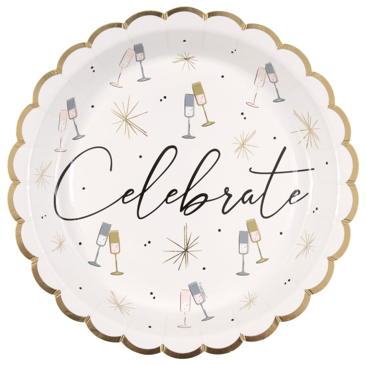 UNIQUE PARTY FAVORS New Year Toasting New Year Scalloped Edge Large Lunch Paper Plates, 9 Inches, 8 Count 011179129850