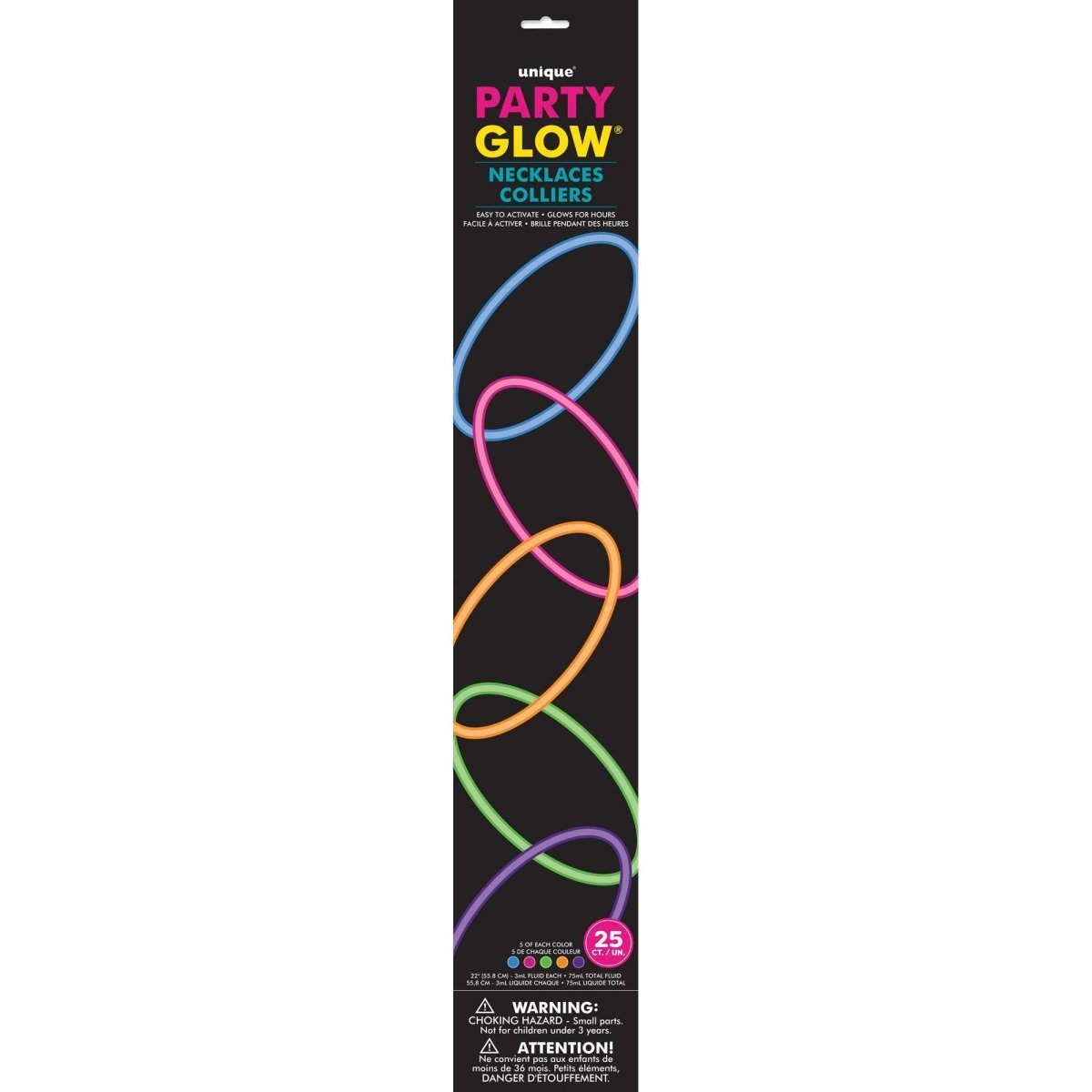 UNIQUE PARTY FAVORS Party Supplies Glow Stick Necklaces, 22 Inches, 25 Count 011179550197