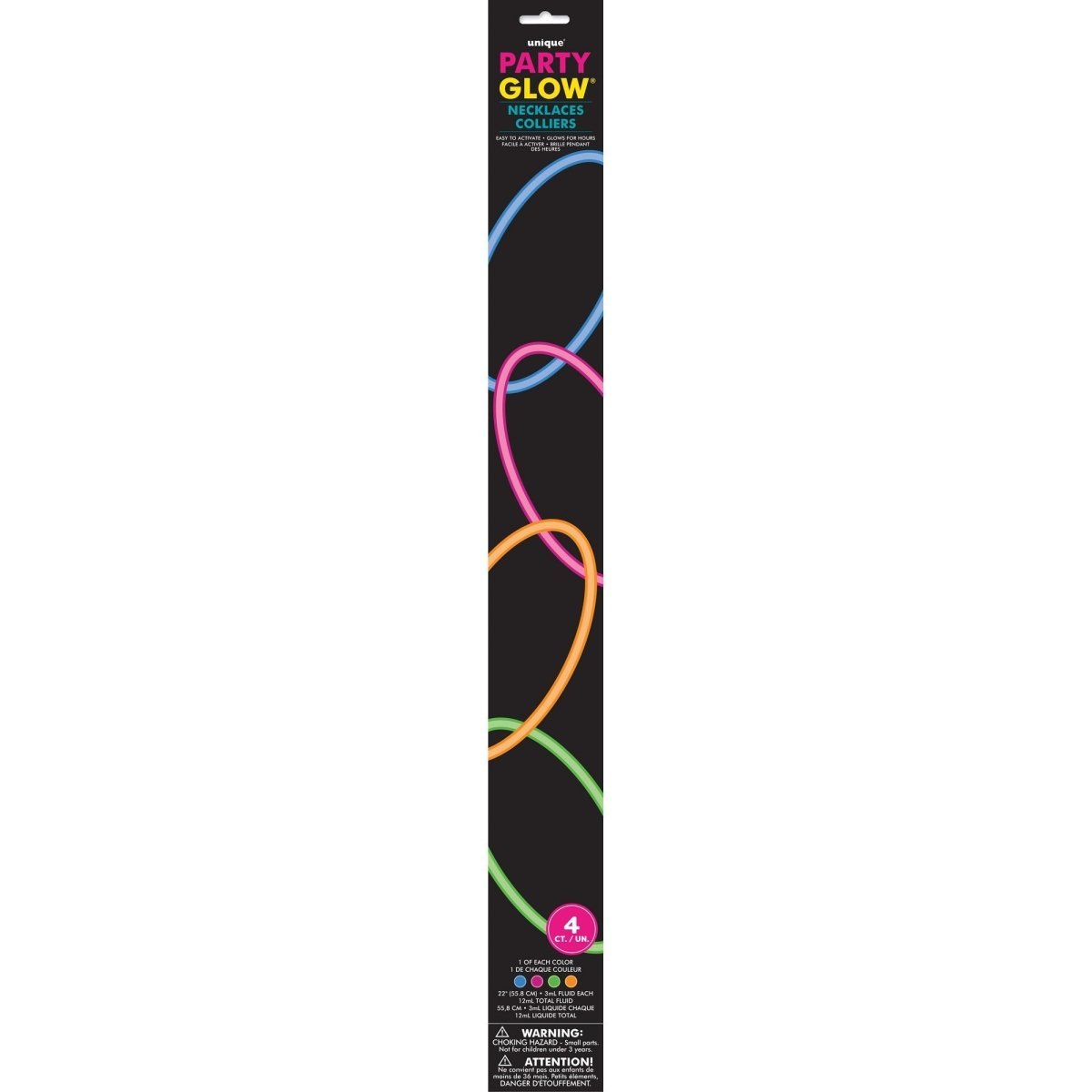 UNIQUE PARTY FAVORS Party Supplies Glow Stick Necklaces, 22 Inches, 4 Count 011179550159