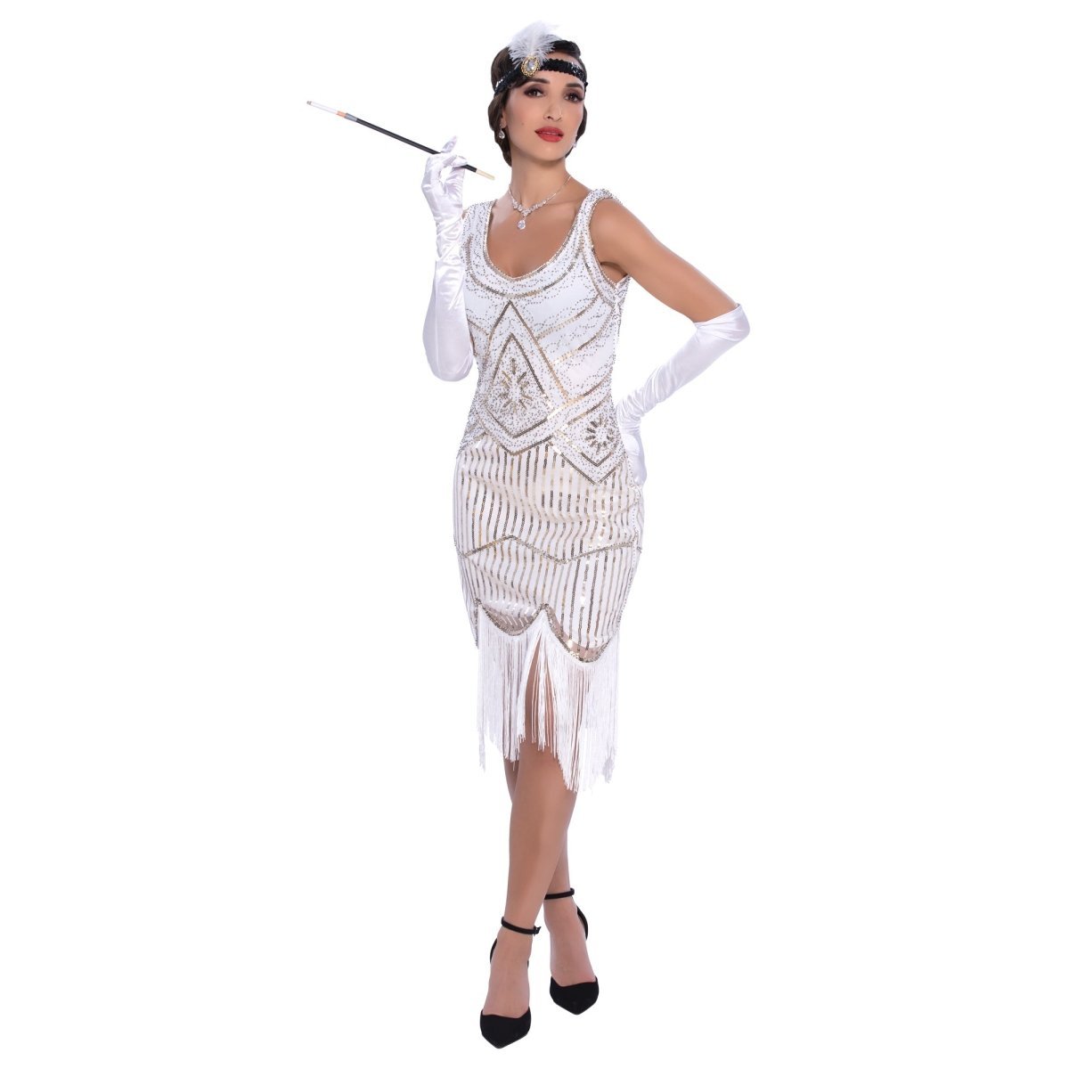 1920s Gatsby Elegant Lady Costume for Adults, White and Gold Dress