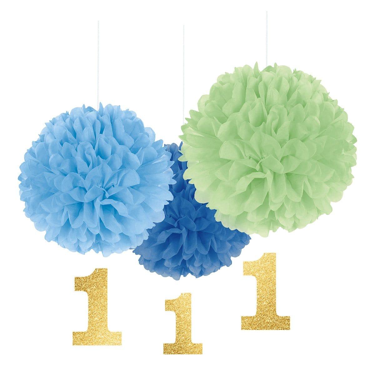 Buy 1st Birthday Blue & Green Fluffy Decorations with Glitter 1, 3 Counts sold at Party Expert