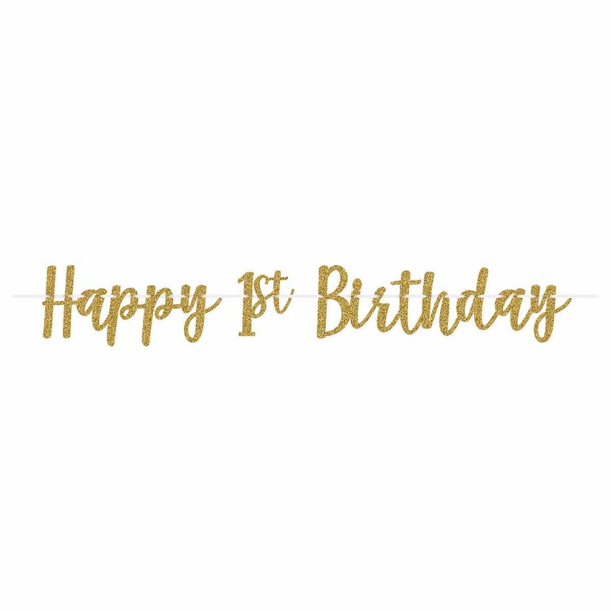 Buy 1st Birthday Gold Glitter Happy 1st Birthday Banner sold at Party Expert